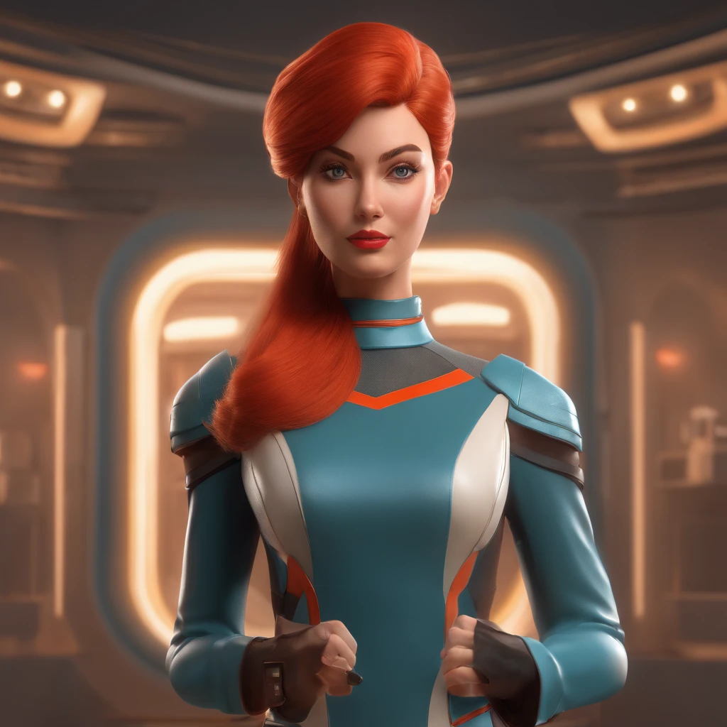Animated portrait of a female character with striking red hair styled into a tall, elegant bun. She has fair skin, arched eyebrows, green eyes, and red lips that express a confident and playful demeanor. She's dressed in a short blue, form-fitting miniskirt sci-fi uniform dress reminiscent of the 'Star Trek' series. She is wearing black tights. The dress features a high collar, flared sleeves at the wrists, and a triangular badge on the left side of her chest. She poses with one hand raised in a gesture similar to the Vulcan salute. The image has a vintage sci-fi theme, blending classic and modern aesthetics.