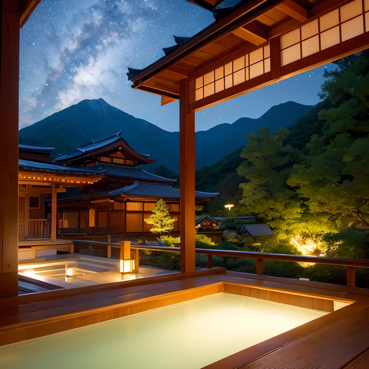 hot onsen、outdoor bath、Beautiful night view、night sky full of stars、A Japanese style、Fantasia、It is located in the mountains、steamy、8K、Soft light、woman