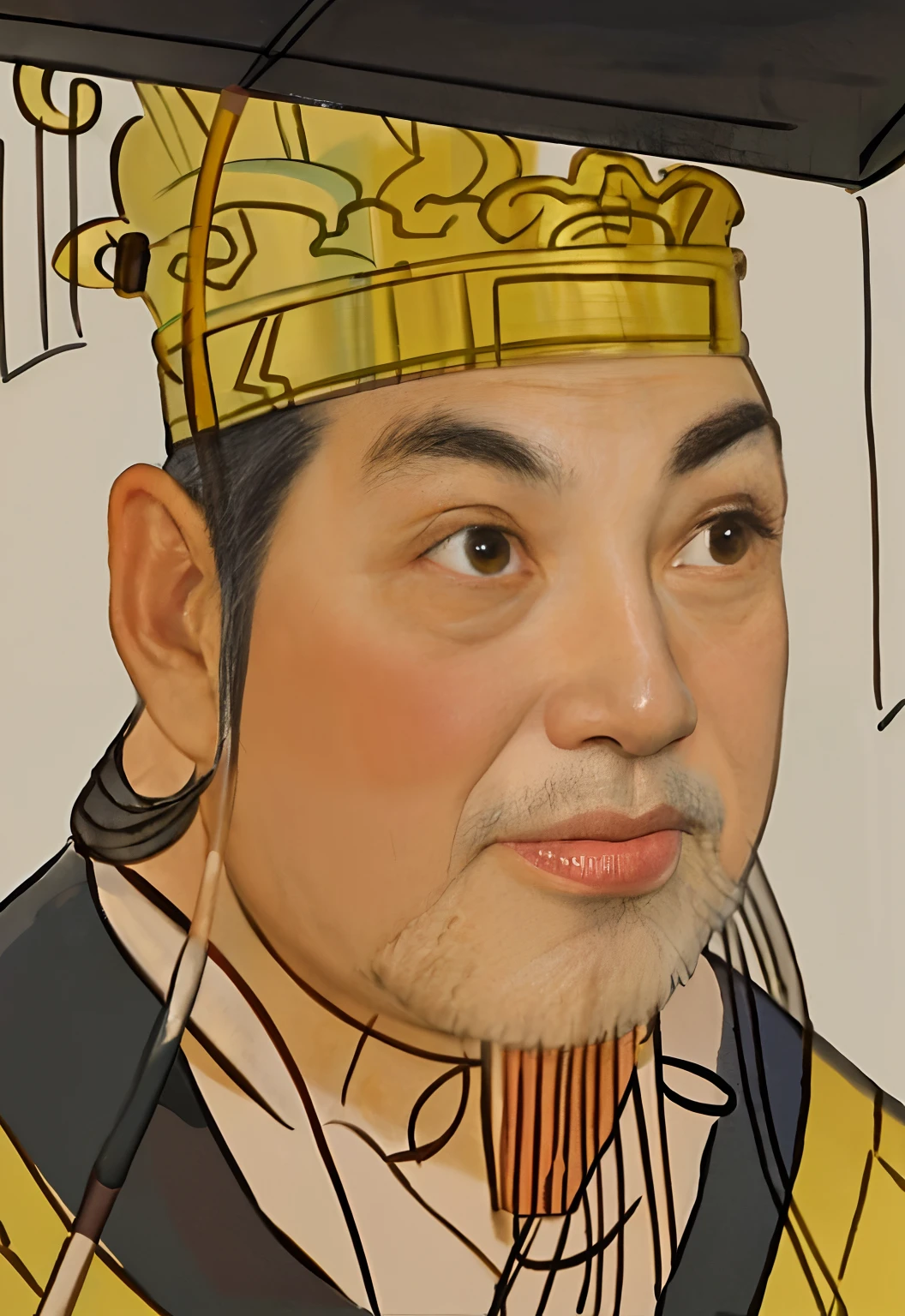 a close up of a painting of a man with a crown on his head, inspired by Xuande Emperor, chinese three kingdoms, confucius and jury trial, inspired by Li Cheng, inspired by Wu Bin, by Xuande Emperor, from three kingdoms, inspired by Dong Yuan, artwork in the style of z.Show on the. gu, royal emperor