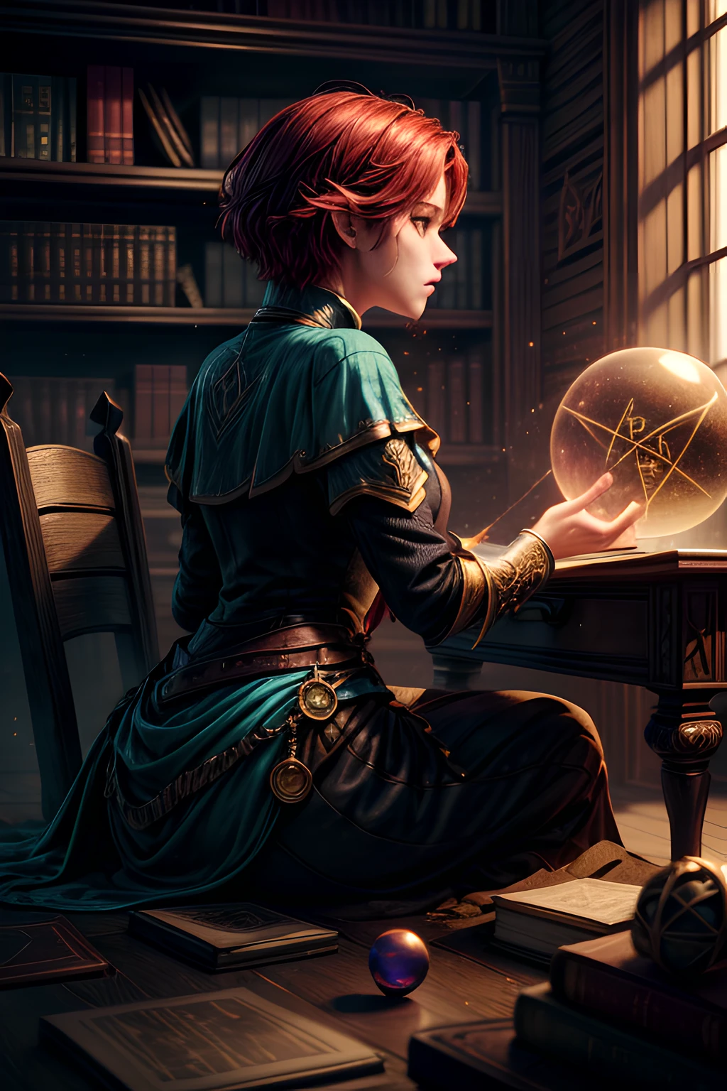 arafed, high details, best quality, 16k, [best detailed], masterpiece, best quality, (extremely detailed), a view from the rear (best details, Masterpiece, best quality), photorealistic, fantasy art, RPG art, a picture of a human sorceress sittings in her magical lab, divining distant places in her crystal ball, epic beautiful human woman (best details, Masterpiece, best quality), ultra detailed face (best details, Masterpiece, best quality), red hair, short hair, red eyes, dynamic dress (best details, Masterpiece, best quality), magical library, with many books, and magical runes and wards, glowing arcane sigils GlowingRunes_paleblue, crystal ball (best details, Masterpiece, best quality) on table, runes on crystal balls GlowingRunes_yellow, fantasy magical library background (best details, Masterpiece, best quality), Ultra-Wide Angle, high detail, award winning, best quality, HD, 16K, 3D rendering, high details, best quality, highres, ultra wide angle, 3D rendering, [[anatomically correct]]