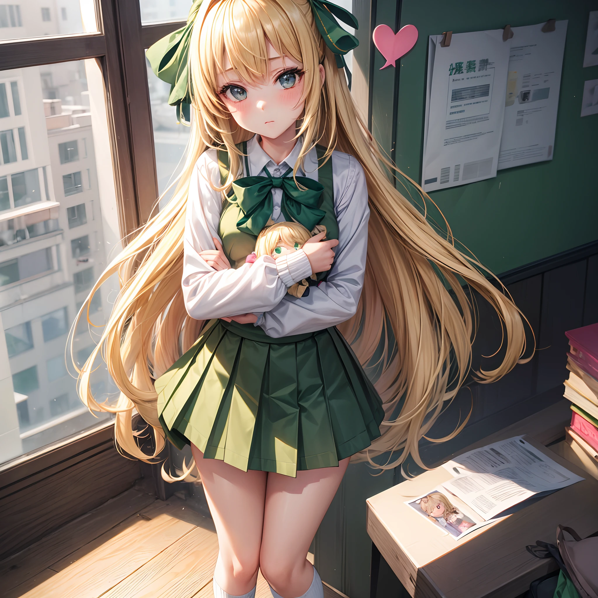 1girl, blonde hair, blusher, Character Doll, Doll Hug, green ribbon, green skirt, Heart, Long hair, looking a viewer, loose socks, Object Embrace, school uniform, upskirt, ankle socks, 独奏, sweater,