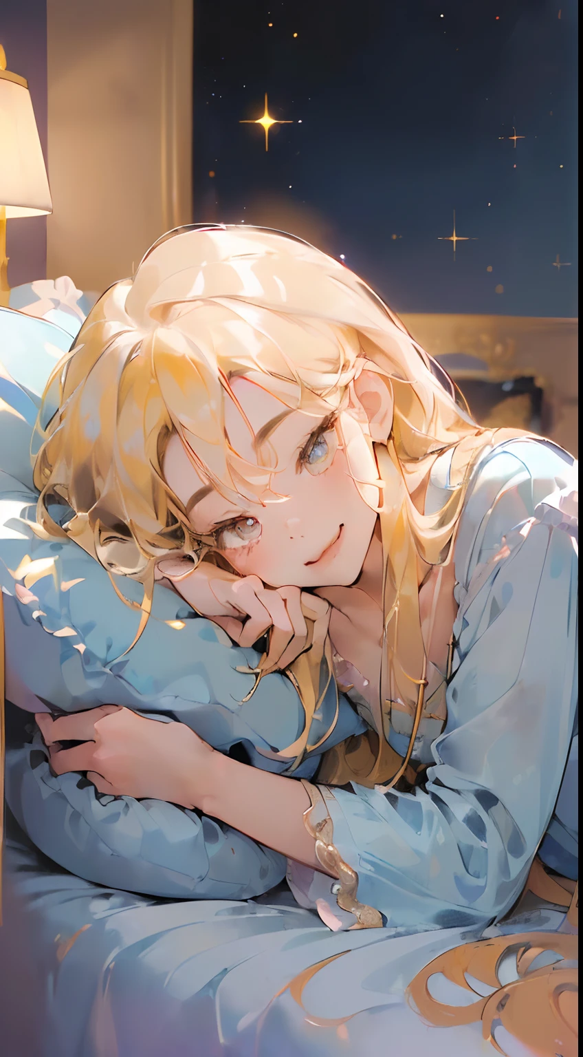 , highres, ultra detailed, 1girl, solo, extremely detailed eyes, (Gold colored hair:1.5) , (straight waist-length gold hair:1.5) ,((anime girl in real life,(Anti-flash white-colored eyes) , ulzzang , she is wearing a ((Oxford Blue colored pijama))  , cute smile , enjoy , relax ,healing , , focusing on the face,, cute  , (bedroom at night background:1.5)  , close-up view , portrait , cute pose , lay on a bed , blue sleeping pillow