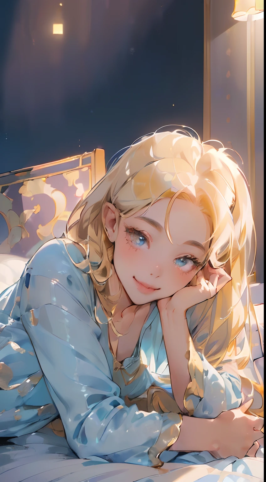 , highres, ultra detailed, 1girl, solo, extremely detailed eyes, (Gold colored hair:1.5) , (straight waist-length gold hair:1.5) ,((anime girl in real life,(Anti-flash white-colored eyes) , ulzzang , she is wearing a ((Oxford Blue colored pijama))  , cute smile , enjoy , relax ,healing , , focusing on the face,, cute  , (bedroom at night background:1.5)  , close-up view , portrait , cute pose , lay on a bed , blue sleeping pillow