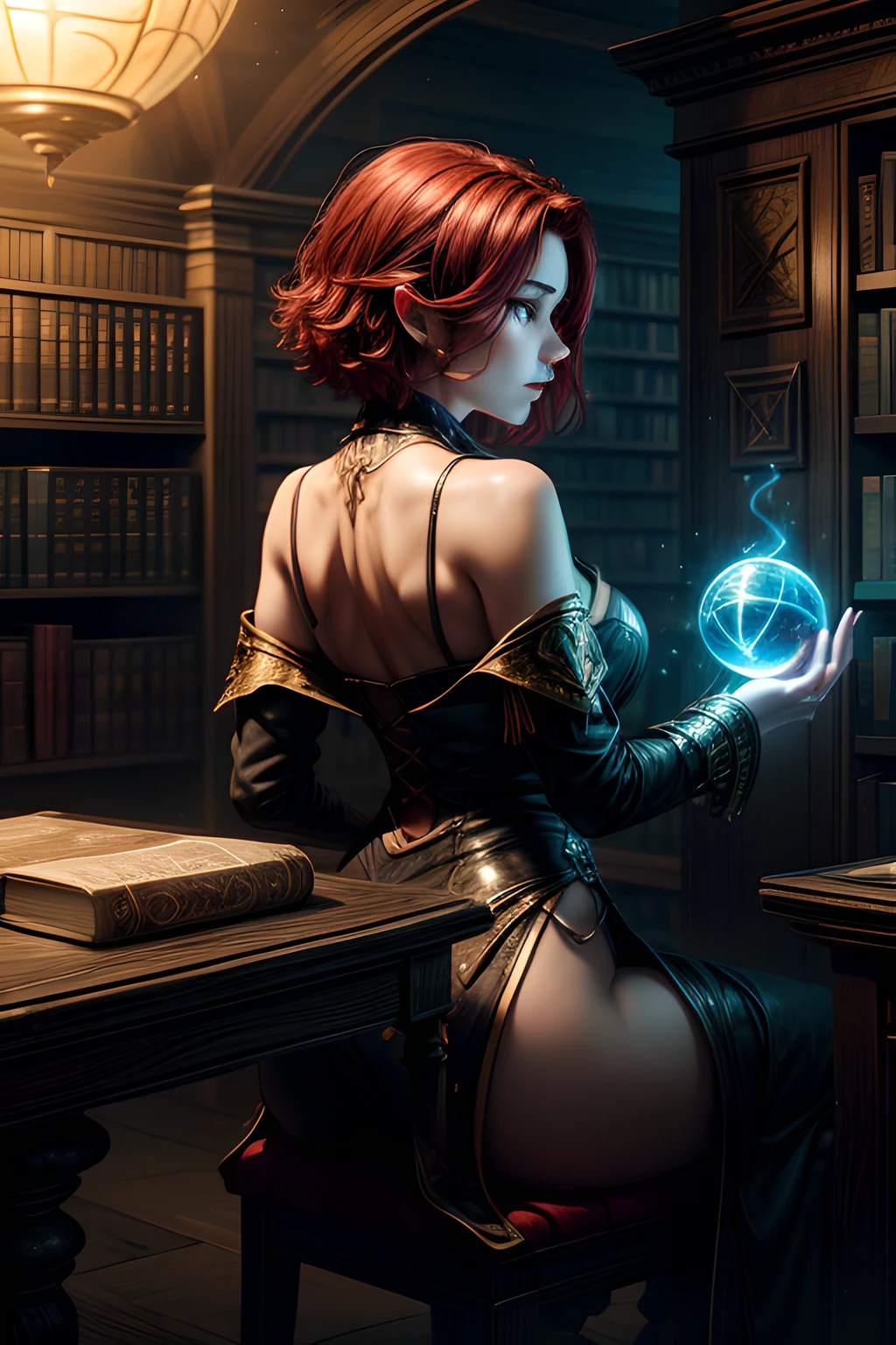 arafed, high details, best quality, 16k, [best detailed], masterpiece, best quality, (extremely detailed), a view from the rear (best details, Masterpiece, best quality), photorealistic, fantasy art, RPG art, a picture of a human sorceress sittings in her magical lab, divining distant places in her crystal ball, epic beautiful human woman (best details, Masterpiece, best quality), ultra detailed face (best details, Masterpiece, best quality), red hair, short hair, red eyes, dynamic dress (best details, Masterpiece, best quality), magical library, with many books, and magical runes and wards, glowing arcane sigils GlowingRunes_paleblue, crystal ball (best details, Masterpiece, best quality) on table, runes on crystal balls GlowingRunes_yellow, fantasy magical library background (best details, Masterpiece, best quality), Ultra-Wide Angle, high detail, award winning, best quality, HD, 16K, 3D rendering, high details, best quality, highres, ultra wide angle, 3D rendering, [[anatomically correct]]