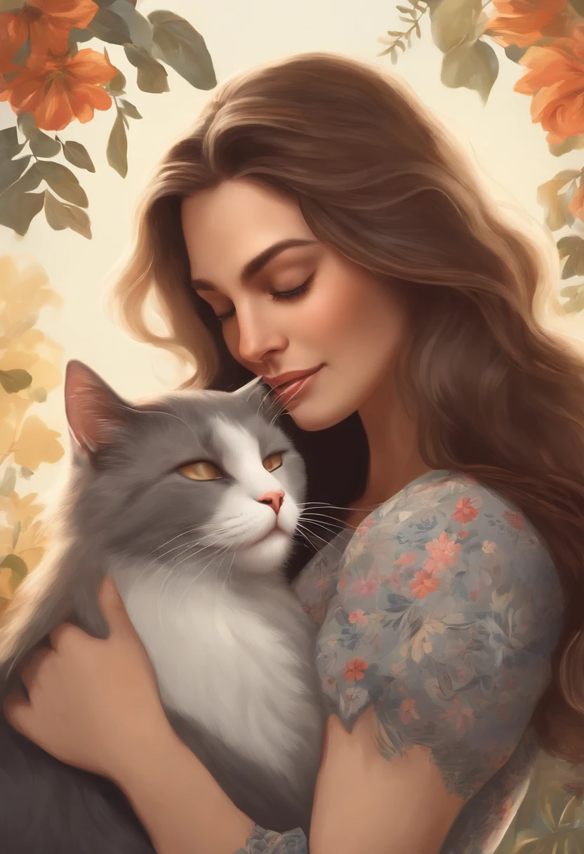 A woman with long brown hair holding a gray cat, the woman is smiling with a side profile, the background is sunny and floral, the gray cat is sleeping in the woman’s arms, a gentle atmosphere.