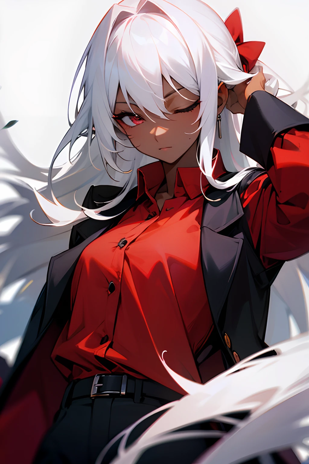 Woman with dark skin、white hair、Long hair、Red shirt、Black jacket、Eyes closed