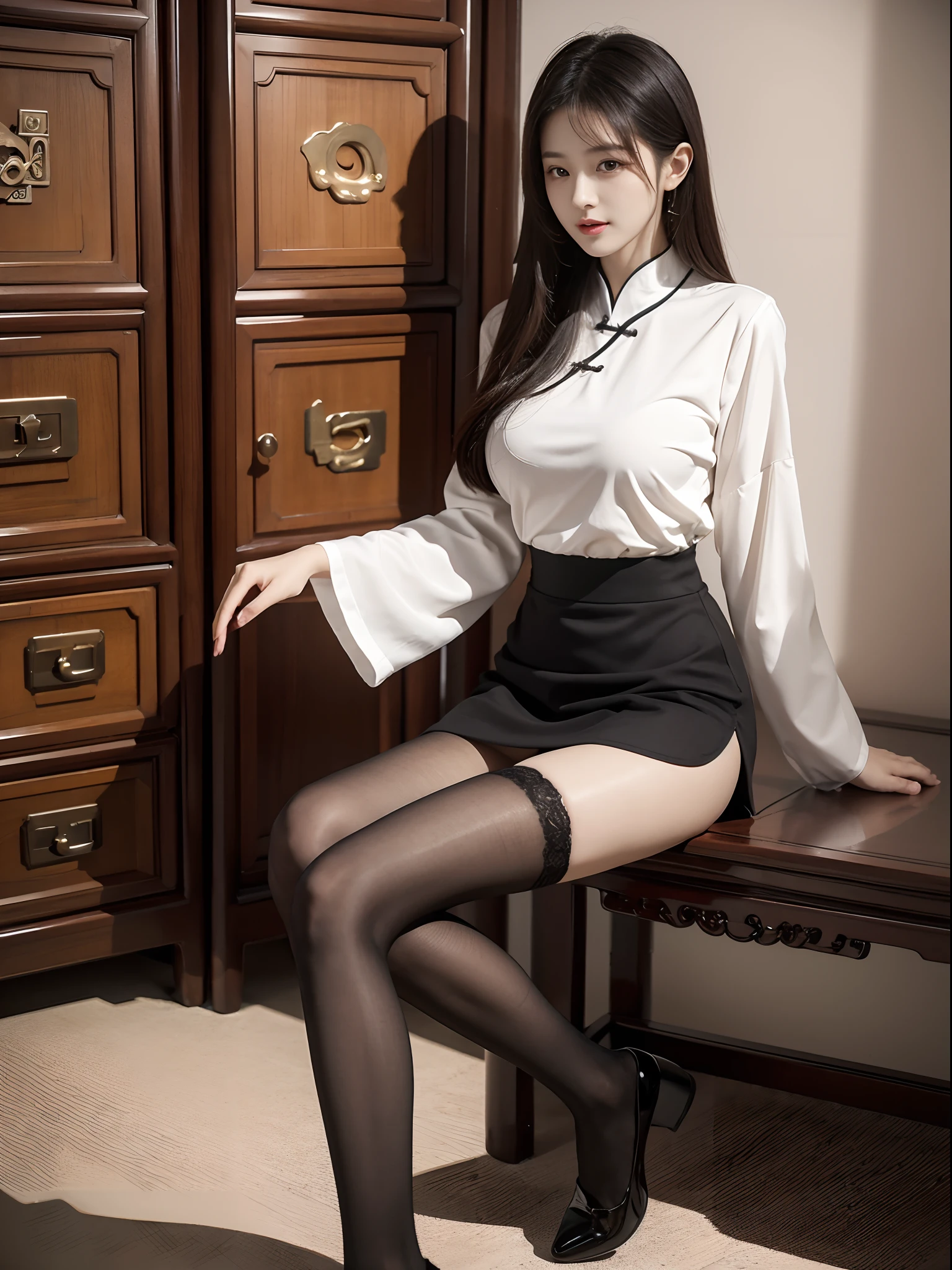 (hyperrealistic), (illustration), (high resolution), (8K), (extremely detailed), (best illustration), (beautiful detailed eyes), (best quality), (ultra-detailed), (masterpiece), (wallpaper), (detailed face), solo, (dynamic pose), 1 girl, white wavy hair in bedroom, korean, heterochromic eyes, big breasts, long legs, tight abs, legs open, (camel toes), (black stockings)