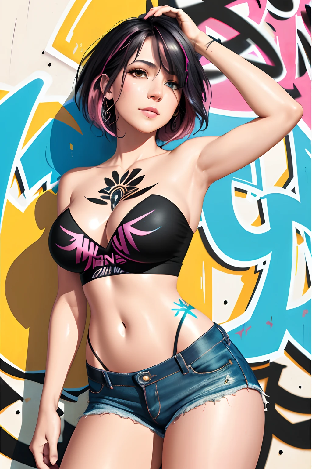 (realistic:1.5),photorealistic, octane render,(hyperrealistic:1.2),full body,(photorealistic face:1.2),best quality, sharp focus,(8k), (4k), (Masterpiece), (Best Quality), extremely detailed, intricate, hyper detailed, (perfect face), illustration,soft lighting,(specular lighting:1.4),Photorealistic render,ultra-detailed,ray tracing, HDR, deph of field, (perfect face, detailed face, detailed eyes),(dust particles),ultra realistic face,ultra realistic eyes,
1girl, beautiful, radiant, colorful, perfect anatomy, perfect smile, ((big boobs:1)), sagging naked breasts, sunrise, sparkling scenery,floating hair, wet body,blue t-shirt,,(cyan blue hair), (asymmetrical bob with asymmetrical bangs), (short hair),delicate embroidery, golden accents, bare shoulders, strapless,ethereal accessories, intricate jewelry, soft sandals, floral details, hair over eyes,(((pink black hair))),half color half hair, denim shorts, looking at viewer, black denim jeans,bra lift, leaning against the wall, (((graffiti art))), graffiti on the wall,
Ben Bauchau, Michael Garmash, Daniel F
Gerhartz, Clint Cearley, Carne Griffiths, Jean Baptiste
Monge, strybk style, warm dreamy lighting, matte
background, volumetric lighting, pulp adventure
style, fluid acrylic, dynamic gradients, bold color,
illustration, highly detailed, simple, smooth and clean
vector curves, vector art, smooth, johan grenier,
character design, 3d shadowing, fanbox, cinematic.
ornate motifs, elegant organic framing, hyperrealism
posterized, masterpiece collection, bright lush colors.
TXAA, penumbra, abstract minimalism, wet gouache