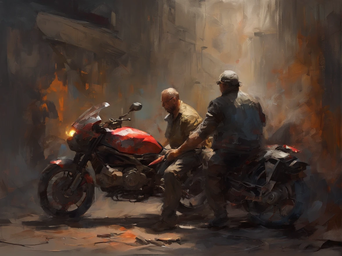 1 mechanic arguing, motobike ducati three quarter view not factory tuned classic out of a garage being repaired, Garage witch windows, symetric, crowded room, sketch, with some mud on the bodywork and the windshield, grey and light red and pastel red headlight on, paint style with large trendy, 4k, enlarged view, expressionist brush strokes paint on artstation, concept art, cyberpunk, --ar 2:3