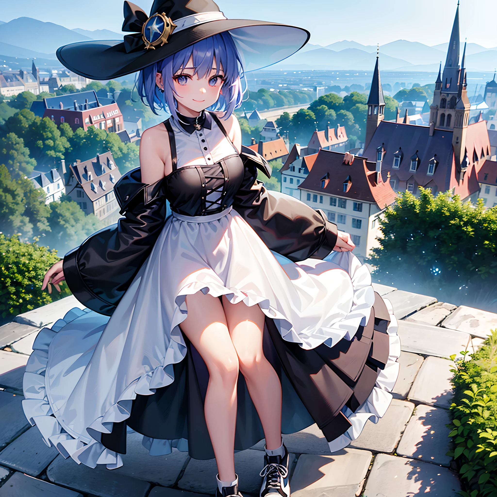 A mystical otherworldly half-timber town、Standing Girl、Black coat、white t-shirt、a black skirt、beautiful thigh、Beautiful calves、White short hair with blue-purple mesh、Looking at me with a smile、Black sneakers with white shoelaces、Large witch hat with sapphire accessories、Dark brown eyes with highlights、On a hilltop with a panoramic view of the town、A large castle in historic Germany、hiquality、high-level image quality、only girl