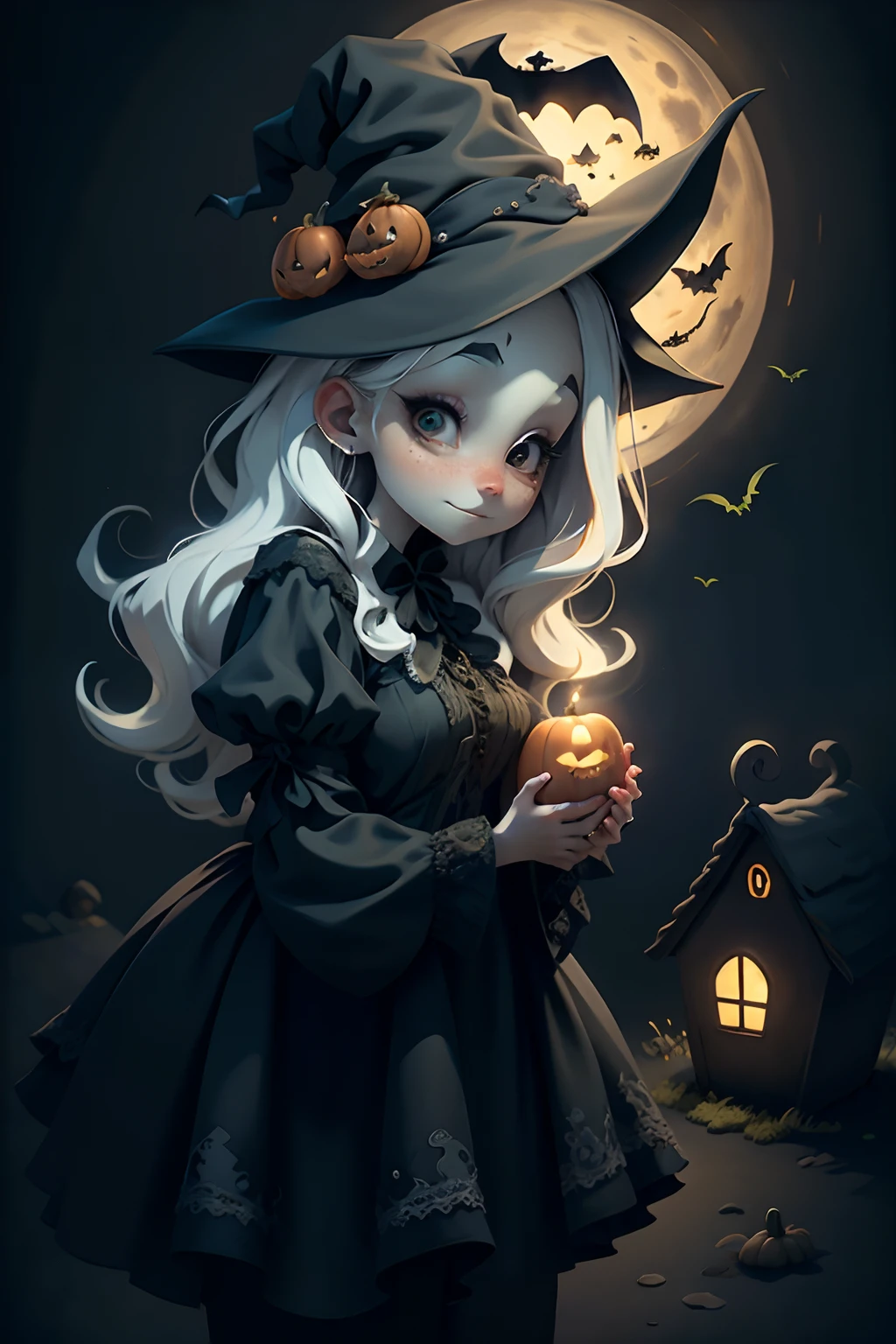 A lovely witch, A full moon, House of the Witch, Jack-o'-lantern，and a mysterious image，Halloween. Although it was night，But bright