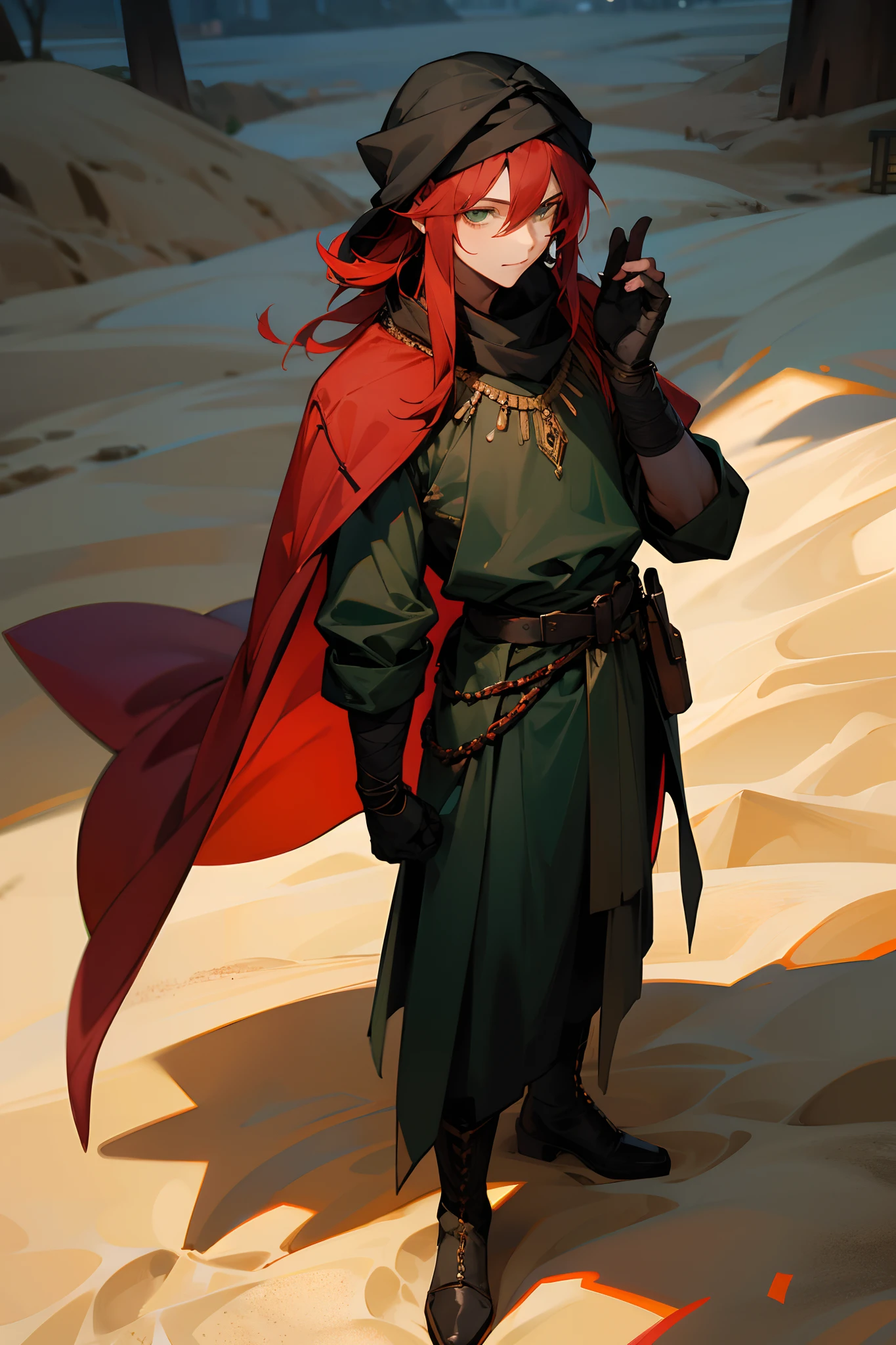 1male, adult, red hair, medium length hair, layered hair, green eyes, jewelry, rich, arabic clothing, black bandaged hands, gloves, turban, black boots, sand village, standing on path, day