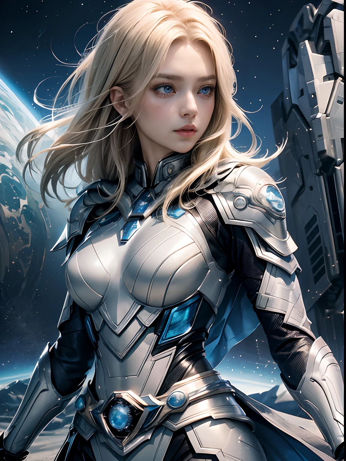 Woman in silver combat uniform。Blonde blue-eyed。Super beautiful shape。The waist is reminiscent of Kamen Rider's transformation belt.。Woman in a spaceship in the background。8K picture quality。