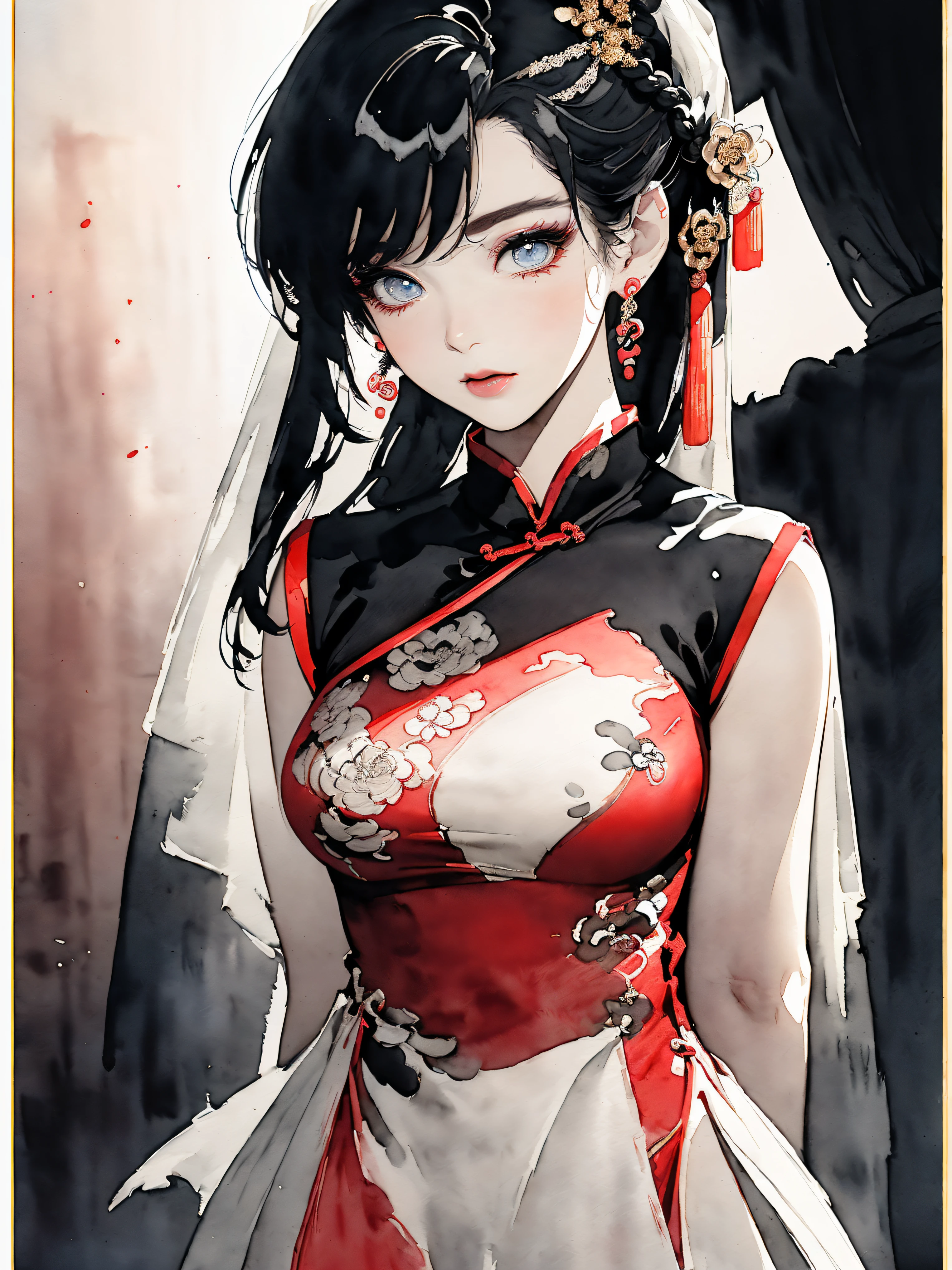 (((((((Chinese ink painting，watercolor paiting，ancient chinese costume,screen，Paper wedding dress，Red silk entanglement，)))))))，((1lady,korean girl,Solo,))(Masterpiece,Best quality, offcial art, Beautiful and aesthetic:1.2),((超高分辨率,Golden ratio,)) (16k),((from below，detailed background,Landscape paintings)),(Physically-based rendering),Amazing,Sharp focus, (((highdetailskin,))),Intricately detailed clothing,Lying silkworm eyebrows，Delicate pupils，Danfeng Eyes,((((detailed hair,middle hair|Shaggy cut|Long bold side bangs|Sleek pixie cut|Voluminous updo|Undercut)))),Slender,(masterpiece sidelighting),(The sheen),(beautiful hair,beautiful eyes,）[[Delicate fingers and hands:0.55]::0.85],(Detail fingers),(((Superior quality,)))),((unbelievable Ridiculous,)),((extremely_Detailed_Eyes_and_face)),Movie girl,(Dynamic configuration: 1.2),Brilliant,Glossy