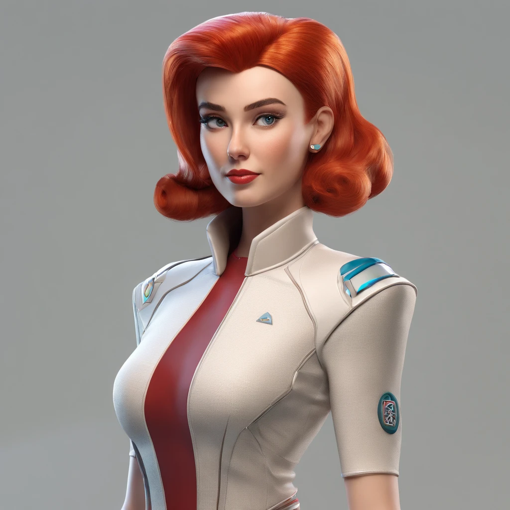 Animated portrait of a female character with striking red hair styled into a tall, elegant bun. She has fair skin, arched eyebrows, green eyes, and red lips that express a confident and playful demeanor. She's dressed in a short blue, form-fitting miniskirt sci-fi uniform dress reminiscent of the 'Star Trek' series. She is wearing black tights. The dress features a high collar, flared sleeves at the wrists, and a triangular badge on the left side of her chest. She poses with one hand raised in a gesture similar to the Vulcan salute. The image has a vintage sci-fi theme, blending classic and modern aesthetics.