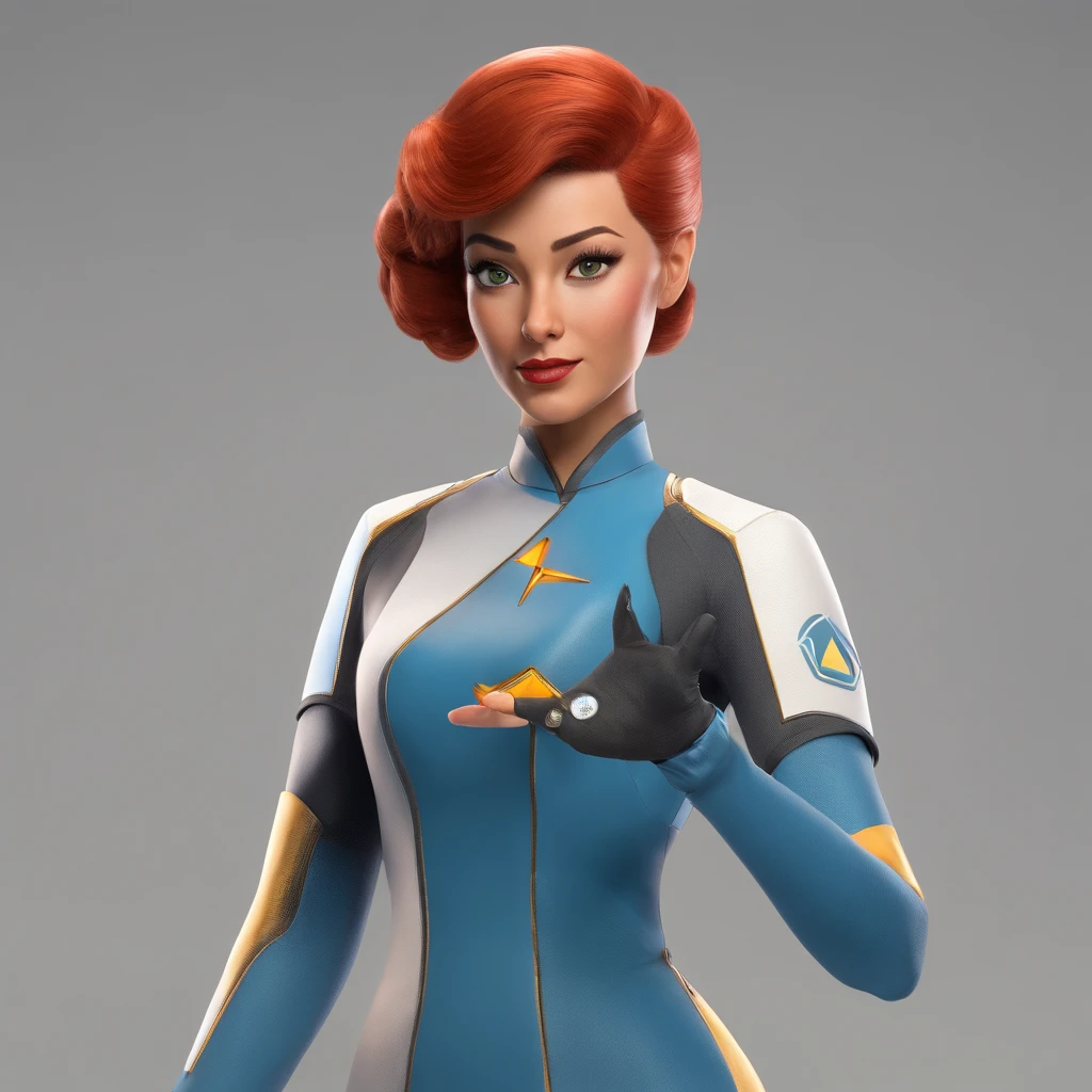 Animated portrait of a female character with striking red hair styled into a tall, elegant bun. She has fair skin, arched eyebrows, green eyes, and red lips that express a confident and playful demeanor. She's dressed in a short blue, form-fitting miniskirt sci-fi uniform dress reminiscent of the 'Star Trek' series. She is wearing black tights. The dress features a high collar, flared sleeves at the wrists, and a triangular badge on the left side of her chest. She poses with one hand raised in a gesture similar to the Vulcan salute. The image has a vintage sci-fi theme, blending classic and modern aesthetics.