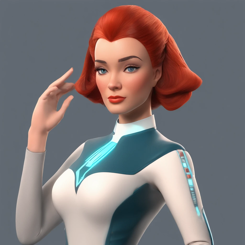 Animated portrait of a female character with striking red hair styled into a tall, elegant bun. She has fair skin, arched eyebrows, green eyes, and red lips that express a confident and playful demeanor. She's dressed in a short blue, form-fitting miniskirt sci-fi uniform dress reminiscent of the 'Star Trek' series. She is wearing black tights. The dress features a high collar, flared sleeves at the wrists, and a triangular badge on the left side of her chest. She poses with one hand raised in a gesture similar to the Vulcan salute. The image has a vintage sci-fi theme, blending classic and modern aesthetics.