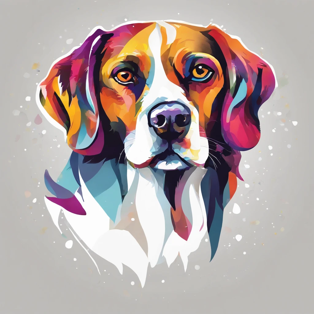 Colorful logo, Minimalist vector art logo illustration of a beagle head, Ears down, frontal, magie, Conception du filet, lisse, couleur monochrome, Paint colorful splashes of black magic, Conception de t-shirt, Studio Ghibli Style, The drawing must be vector, Introducing the Dog. Use Adobe Illustrator to create the logo with clean lines and a simple look, mais captivant. Keep the design centered on the dog's eyes, Capturing its uniqueness and charm. The logo should evoke a sense of sophistication and tranquility. Emphasize a low-poly style to add a touch of uniqueness to the mustache. The overall aesthetic should be sleek and stylish, which makes it suitable for branding and logo purposes, fond noir, ((symmetr))