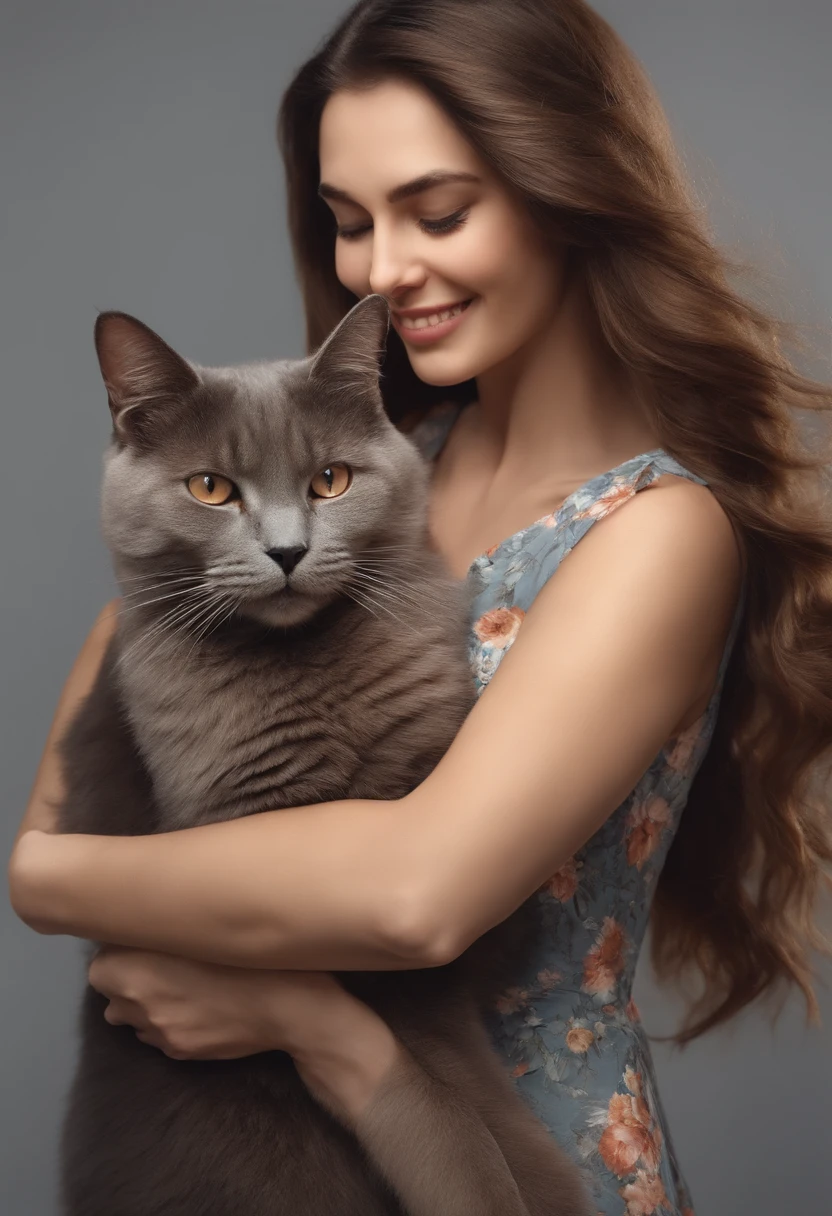 Long brown hair woman holding a grey cat, Woman smiling in profile, The background is sunny、Floral, A gray cat sleeps in the arms of a woman, Friendly atmosphere.、Finish as shown in the photo