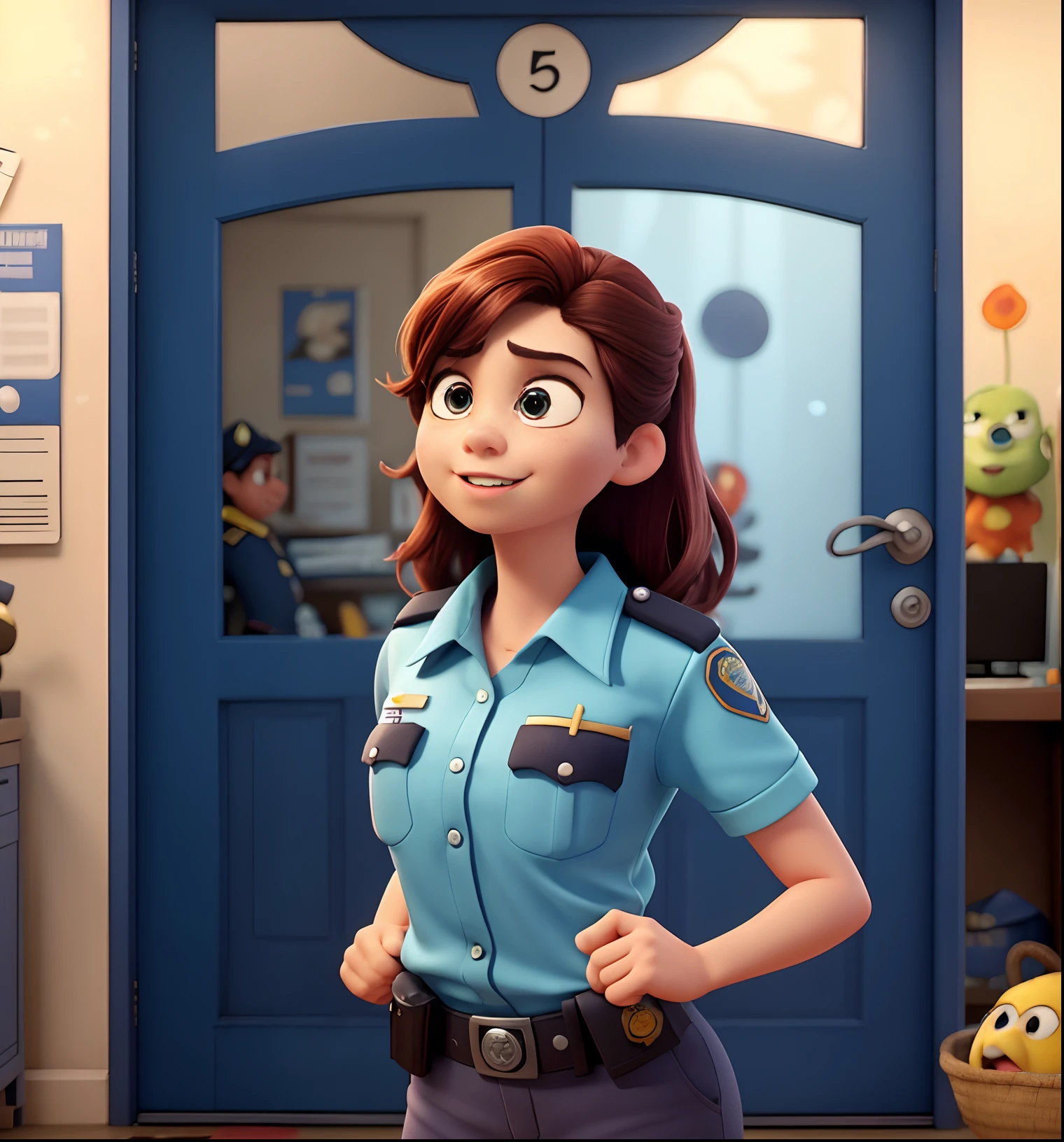 Disney Pixar poster that say "KIKY KURANG KERAS", A teenage girl wearing an indonesian police shirt in the middle of police office, 3D Animation, sharp, blue,Finger repair,ssmile, angry expression, angry face, focus