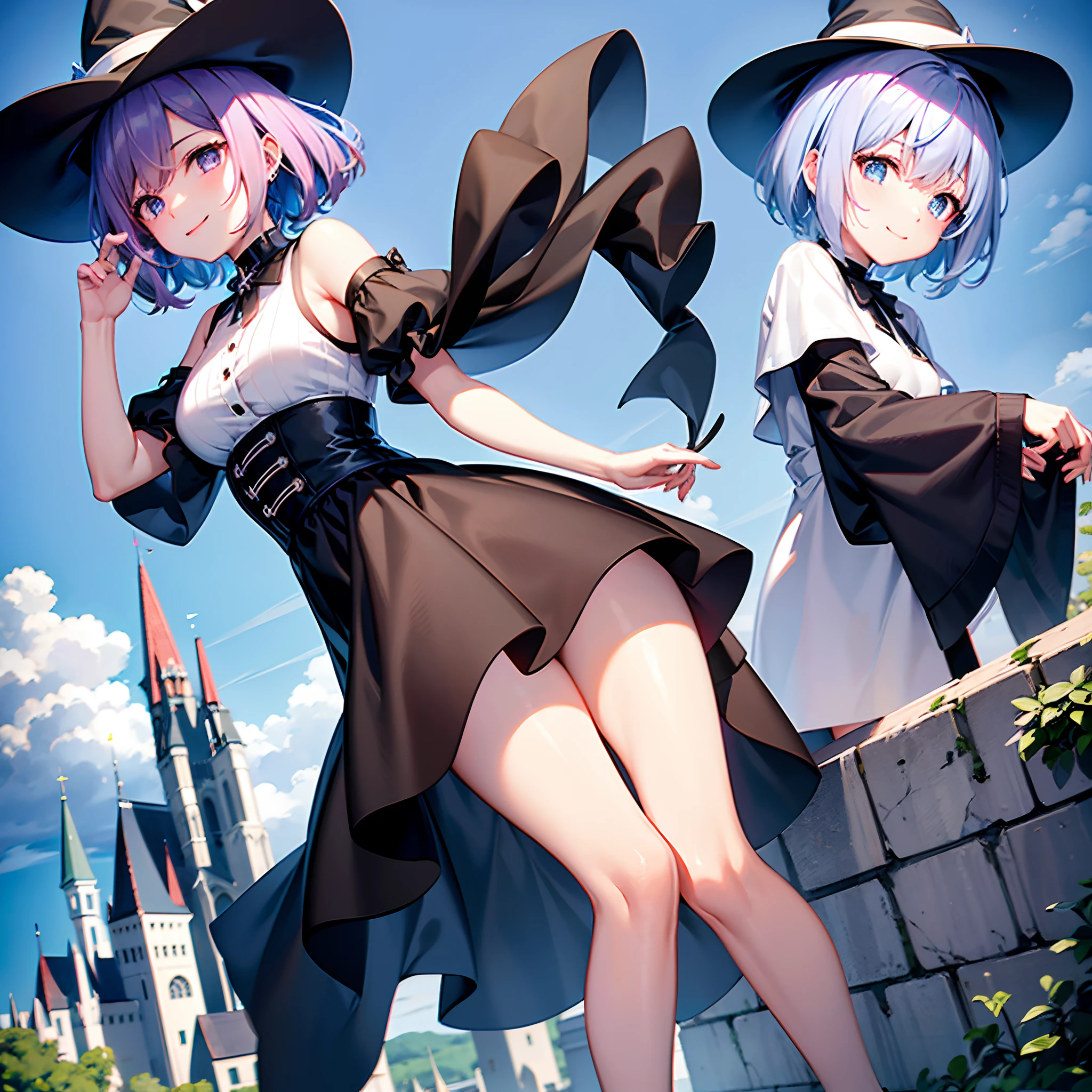 A large witch's hat with a wide frill and a purple rose decoration, a robe with the Duke's coat of arms on the sleeve, a cream-colored blouse, a winered ribbon tie,  garter skirt, bloomers,garter stockings, and pumps. Curly short cut, green hair, large round glasses　(Zero gravity,Weightless, floating in the air holding my knees)