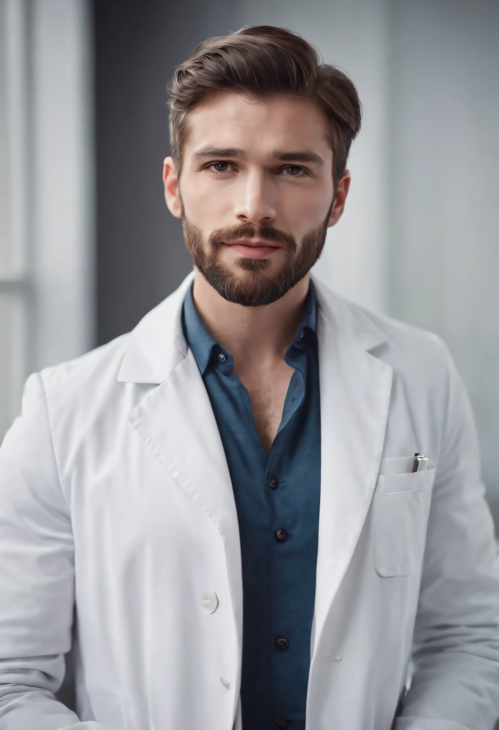 Handsome man in suit, beautiful beard, short hair, sexy doctor man, white coat