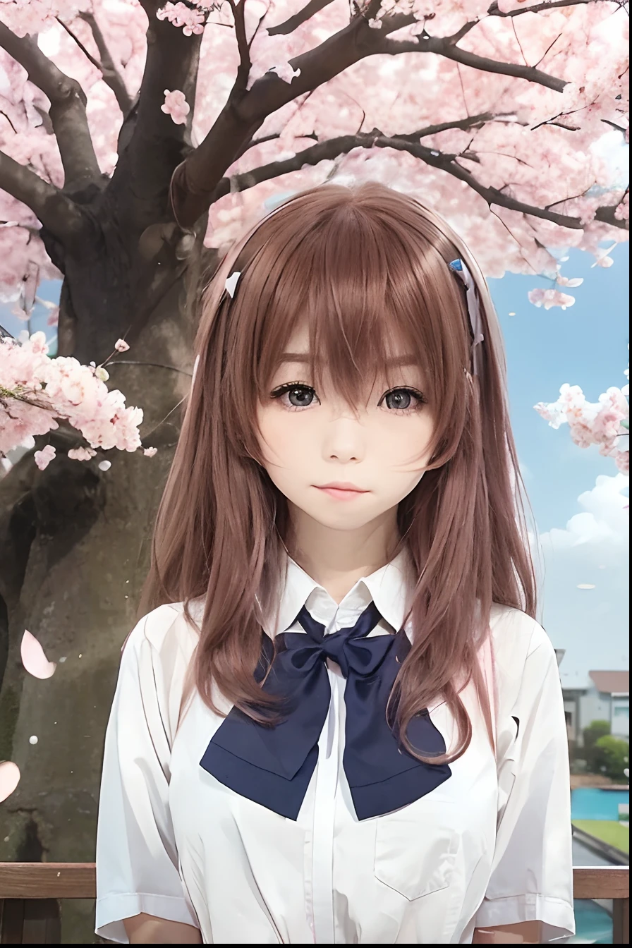 1gril,Shouko Nishimiya,white school,blue ribbon tie,long hair,pink hair,realistic,ultra,detail,7mms lens,