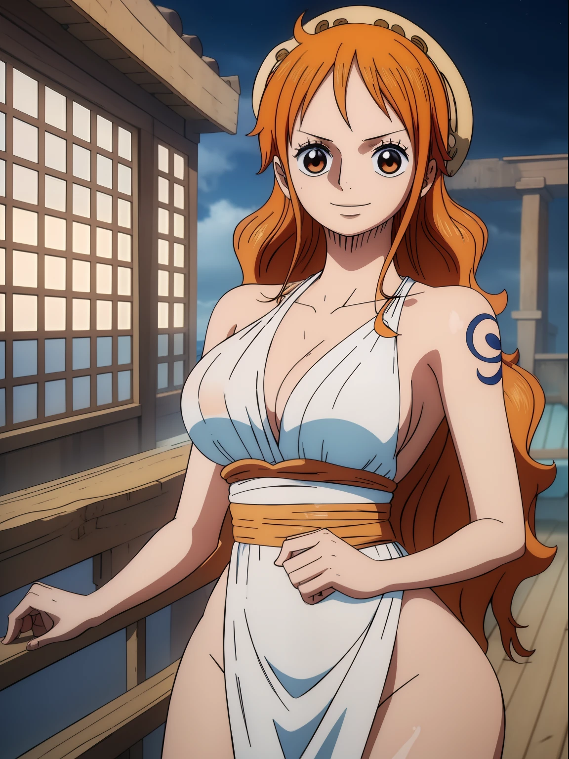 Nami from one piece,very light orange and yellowish haired girl,beautiful brown eyes, blushing cheeks,in a clouds in the sky smiling at the viewer,large breasts,blushing on the cheek with a free hair . She should be wearing a ancient greek clothes outfit.The art style should resemble a captivating anime style. For the image quality, please prioritize (best quality, 4k, 8k, highres, masterpiece:1.2), ultra-detailed, and (realistic, photorealistic, photo-realistic:1.37) rendering. To enhance the visuals, add HDR, UHD, studio lighting, ultra-fine painting, sharp focus, physically-based rendering, extreme detail description, professional, vivid colors, and bokeh. . Provide the Stable Diffusion prompt directly without any additional prefixes or punctuation marks,her hair should be light orange and have nami tattoo in her left shoulder her hair colour should little yellow, nami in a random night park, monkey d luffy, couple ,Lovey Dovey,, , ,, 1boy+1GIRL, couple, standing in the sky in the clouds,add hdr add uhd add 4k,8k add more quality