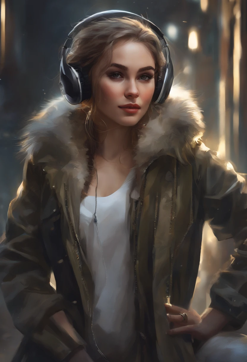Perfect centering, A cute kitten all over, Wear a student jacket, Wearing sunglasses, Wearing headphones, Standing position, Abstract beauty, Centered, Looking at the camera, Facing the camera, nearing perfection, Dynamic, Moonlight, Highly detailed, Digital painting, art stations, concept-art, smooth, Sharp focus, 8K, high definition resolution, illustration, Art by Carne Griffiths and Wadim Kashin, White background