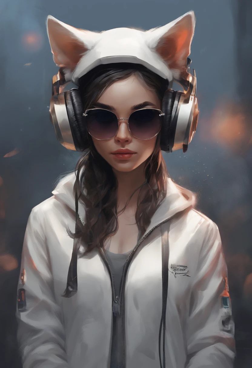 Perfect centering, A cute kitten all over, Wear a student jacket, Wearing sunglasses, Wearing headphones, Standing position, Abstract beauty, Centered, Looking at the camera, Facing the camera, nearing perfection, Dynamic, Moonlight, Highly detailed, Digital painting, art stations, concept-art, smooth, Sharp focus, 8K, high definition resolution, illustration, Art by Carne Griffiths and Wadim Kashin, White background