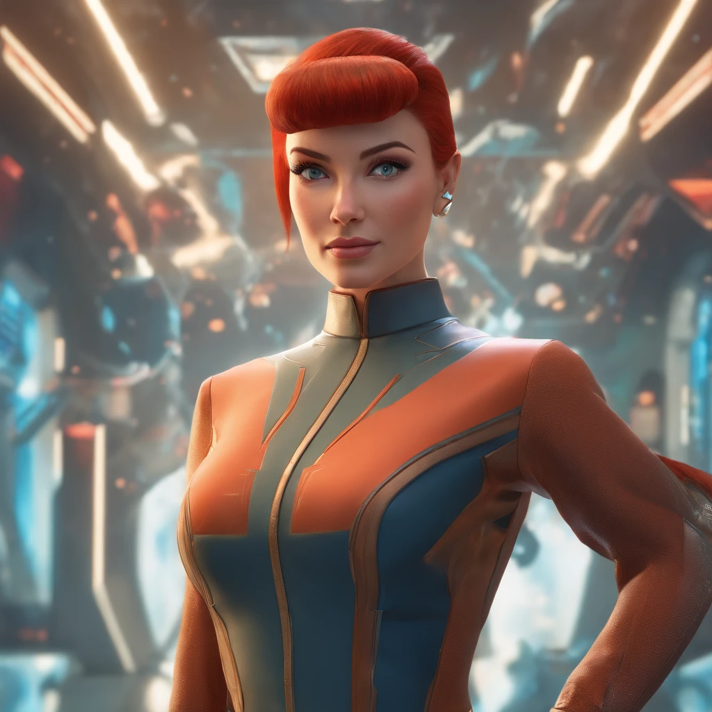 Animated portrait of a female character with striking red hair styled into a tall, elegant bun. She has fair skin, arched eyebrows, green eyes, and red lips that express a confident and playful demeanor. She's dressed in a short blue, form-fitting miniskirt sci-fi uniform dress reminiscent of the 'Star Trek' series. She is wearing black tights. The dress features a high collar, flared sleeves at the wrists, and a triangular badge on the left side of her chest. She poses with one hand raised in a gesture similar to the Vulcan salute. The image has a vintage sci-fi theme, blending classic and modern aesthetics.