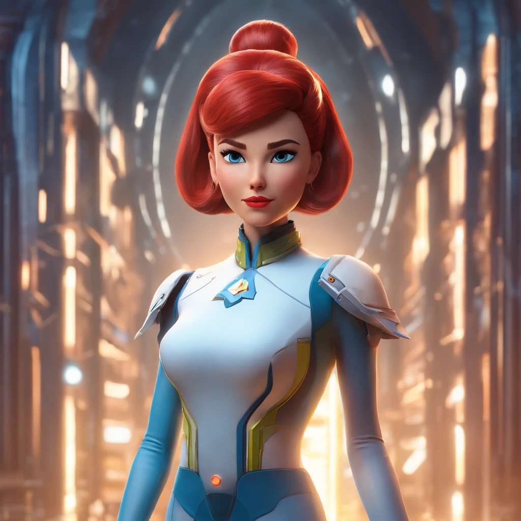 Animated portrait of a female character with striking red hair styled into a tall, elegant bun. She has fair skin, arched eyebrows, green eyes, and red lips that express a confident and playful demeanor. She's dressed in a short blue, form-fitting miniskirt sci-fi uniform dress reminiscent of the 'Star Trek' series. She is wearing black tights. The dress features a high collar, flared sleeves at the wrists, and a triangular badge on the left side of her chest. She poses with one hand raised in a gesture similar to the Vulcan salute. The image has a vintage sci-fi theme, blending classic and modern aesthetics.