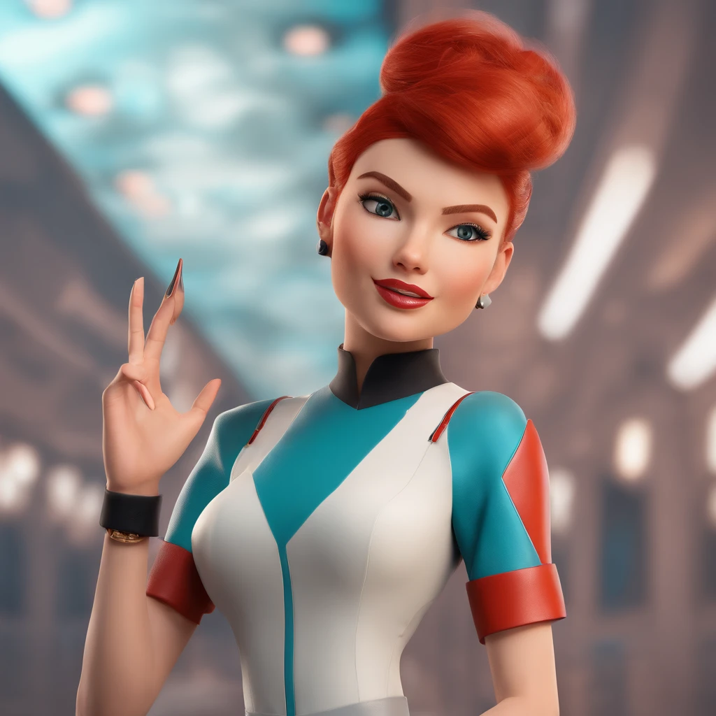 Animated portrait of a female character with striking red hair styled into a tall, elegant bun. She has fair skin, arched eyebrows, green eyes, and red lips that express a confident and playful demeanor. She's dressed in a short blue, form-fitting miniskirt sci-fi uniform dress reminiscent of the 'Star Trek' series. She is wearing black tights. The dress features a high collar, flared sleeves at the wrists, and a triangular badge on the left side of her chest. She poses with one hand raised in a gesture similar to the Vulcan salute. The image has a vintage sci-fi theme, blending classic and modern aesthetics.