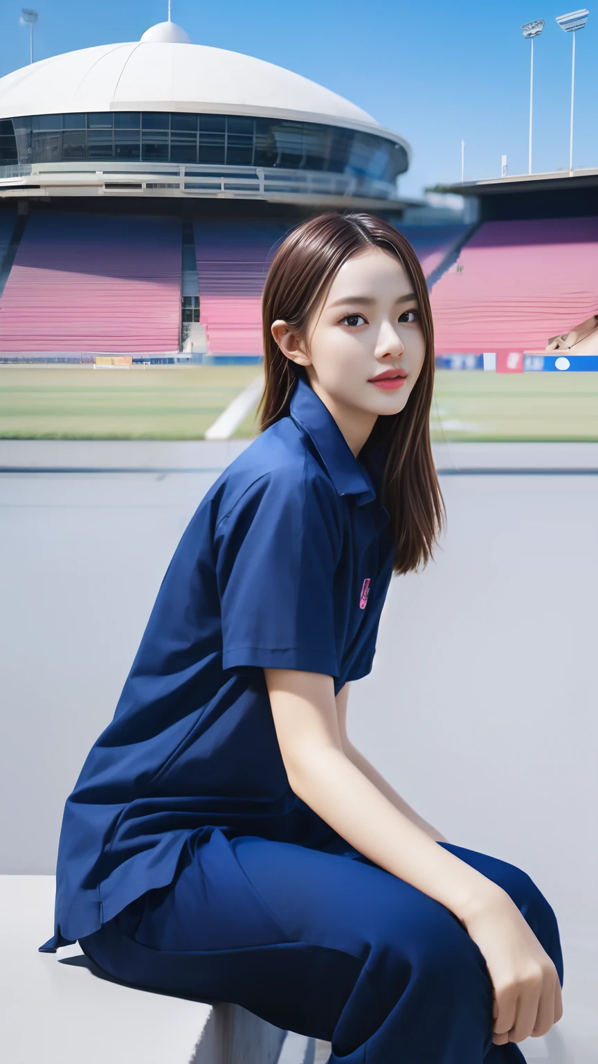 (bestquality,10,10,highres,masterpiece:1.2),ultra-detail,(Realistic,photorealistic portrait,photo-realistic:1.37),1 cute girl sitting on the football field,oily shiny skin,bara,light smile,BDclothes,((blue shirt:1.3)),short sleeves,shirt, trousers.,(navy_long_Pants Track:1.1), ((Stadium Background:1.3)),dynamic angle,excited,face focus,Dynamic Poses,from behide,Ass Focus,masterpiece, bestquality, ultra realistic, hyper-detail, 8k resolution, RAW photo, crisp focus, ((Navy blue shirt:1.1)), short sleeves, Long Path, Perfect body, 2 mature women, 18yo, cinematic light,Blue sweatpants,Gymware,Correct anatomy,Complete body, Correct body, sharp face, Anatomically correct body, full entire body, Realistic gestures, long-haired, Realistic poses,Wear long shorts.....................,Long leg span,Shapely,Sculpting Girl, Slender Figure, mannequin mannequins, Shapely, Beautiful body,Blue sweatpants