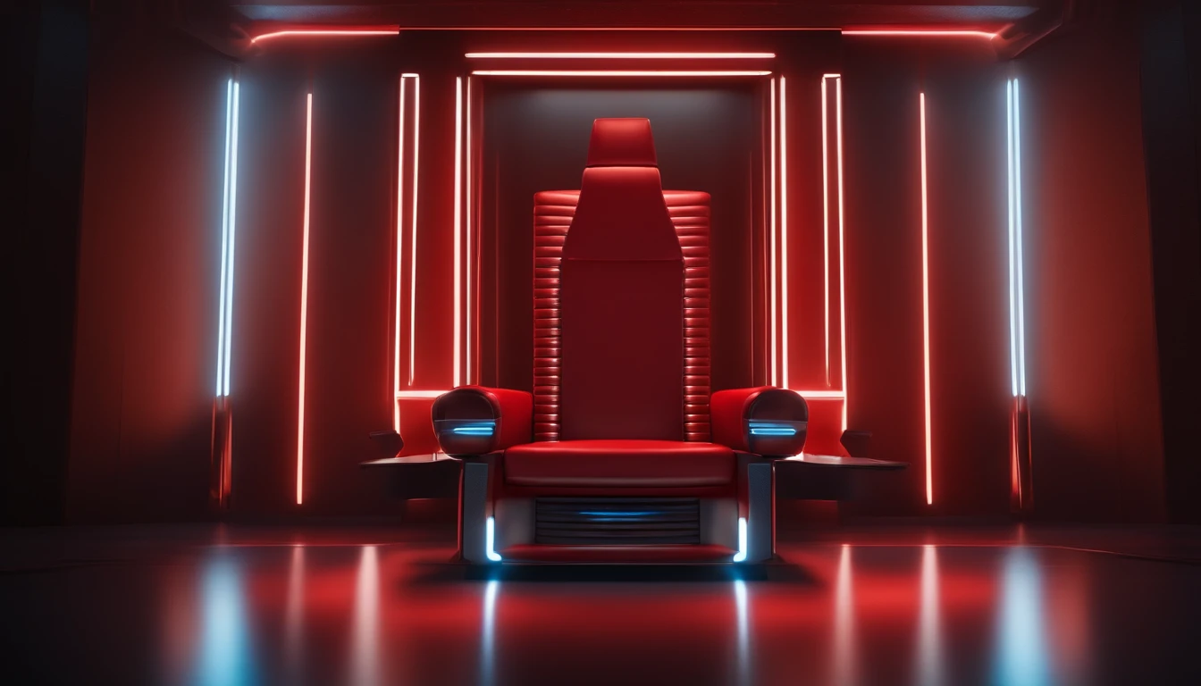 (best quality,4k,8k,highres,masterpiece:1.2),ultra-detailed,(realistic,photorealistic,photo-realistic:1.37),futuristic,red and blue glowing neon style throne,isolated from background,shiny metallic material,advanced technology,modern and sleek design,sharp edges and clean lines,comfortable and ergonomic shape,soft cushioning for comfort,elegant and luxurious appearance,dark and mysterious atmosphere,subtle reflections and glows on the surface,vivid colors,rich and vibrant shades of red and blue,contrasting lights and shadows,highly-detailed buttons and control panels,advanced holographic displays,illuminated symbols and patterns,sophisticated AI assistant integrated,hovering and floating above the ground,floating particles and light trails,subtle smoke and mist effects,column of light projecting from the throne,creating a dramatic and captivating scene