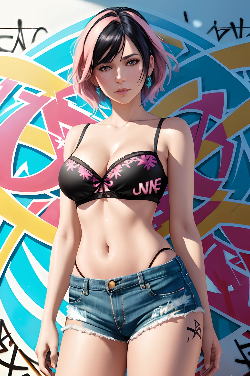 (realistic:1.5),photorealistic, octane render,(hyperrealistic:1.2),full body,(photorealistic face:1.2),best quality, sharp focus,(8k), (4k), (Masterpiece), (Best Quality), extremely detailed, intricate, hyper detailed, (perfect face), illustration,soft lighting,(specular lighting:1.4),Photorealistic render,ultra-detailed,ray tracing, HDR, deph of field, (perfect face, detailed face, detailed eyes),(dust particles),ultra realistic face,ultra realistic eyes,
1girl, beautiful, radiant, colorful, perfect anatomy, perfect smile, ((big boobs:1)), sagging naked breasts, sunrise, sparkling scenery,floating hair, wet body,blue t-shirt,,(cyan blue hair), (asymmetrical bob with asymmetrical bangs), (short hair),delicate embroidery, golden accents, bare shoulders, strapless,ethereal accessories, intricate jewelry, soft sandals, floral details, hair over eyes,(((pink black hair))),half color half hair, denim shorts, looking at viewer, black denim jeans,bra lift, leaning against the wall, (((graffiti art))), graffiti on the wall,
Ben Bauchau, Michael Garmash, Daniel F
Gerhartz, Clint Cearley, Carne Griffiths, Jean Baptiste
Monge, strybk style, warm dreamy lighting, matte
background, volumetric lighting, pulp adventure
style, fluid acrylic, dynamic gradients, bold color,
illustration, highly detailed, simple, smooth and clean
vector curves, vector art, smooth, johan grenier,
character design, 3d shadowing, fanbox, cinematic.
ornate motifs, elegant organic framing, hyperrealism
posterized, masterpiece collection, bright lush colors.
TXAA, penumbra, abstract minimalism, wet gouache
