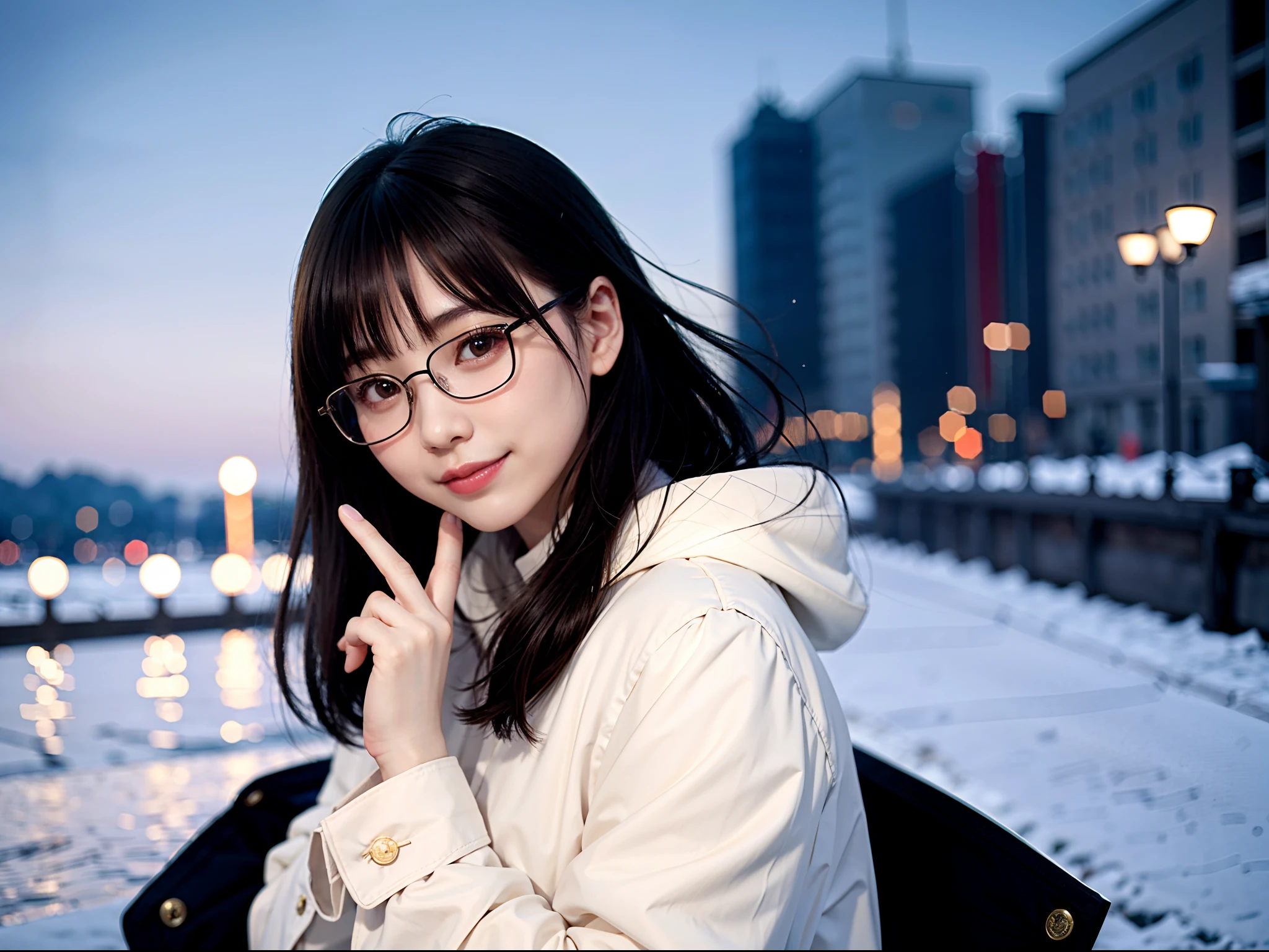 Woman posing in long coat in Japan city in midwinter、top-quality、女の子 1 人、Small chest、tag、with light glowing、blur backgroun、Bokeh、outside of house、(Street:0.8)、Woman with glasses、Glasses with a thin frame、Round lens glasses、Thin golden glasses frame、、Luxury(Short hair、Forehead:1.2)、snowscape、Beautiful sky with details、(dynamicposes:1.2)、 (The upper part of the body:0.5)、Soft lighting、the wind、glowy skin、A smile、Long coat over sweater