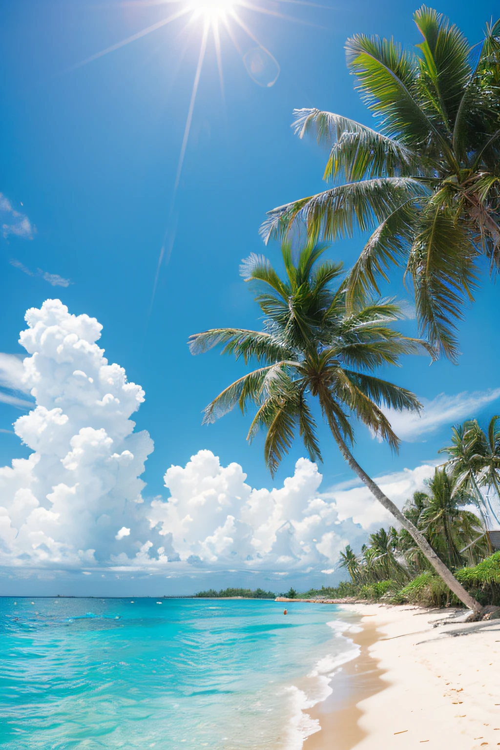 Coconut trees by the beach，clear skies，Blue sea，coconut water，Long diagram