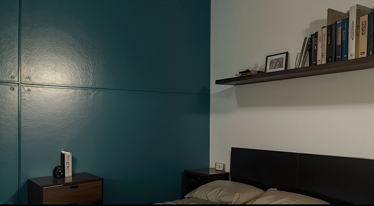 uma parede com estante, livros, Cinematic setting, quarto minimalista,realista,8k