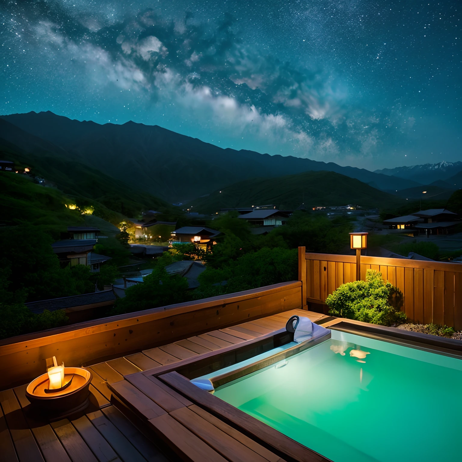 hot onsen、outdoor bath、Beautiful night view、night sky full of stars、A Japanese style、Fantasia、It is located in the mountains、steamy、8K、Soft light、Erase a person、nohumans