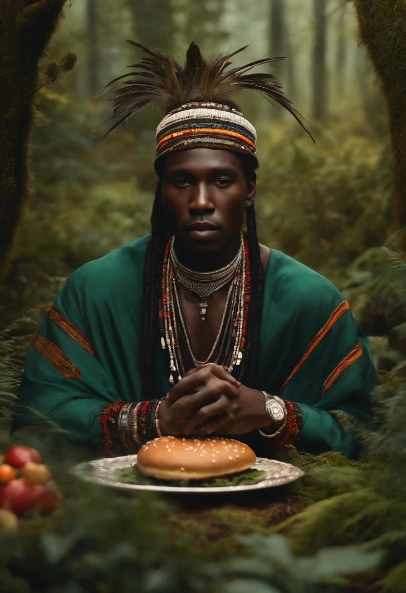 (best quality), (super fine), (masterpiece), illustration, (young man), in the forest, shaman, black skin, wearing shaman's decoration, praying，In front of you is a huge KFC hamburger,