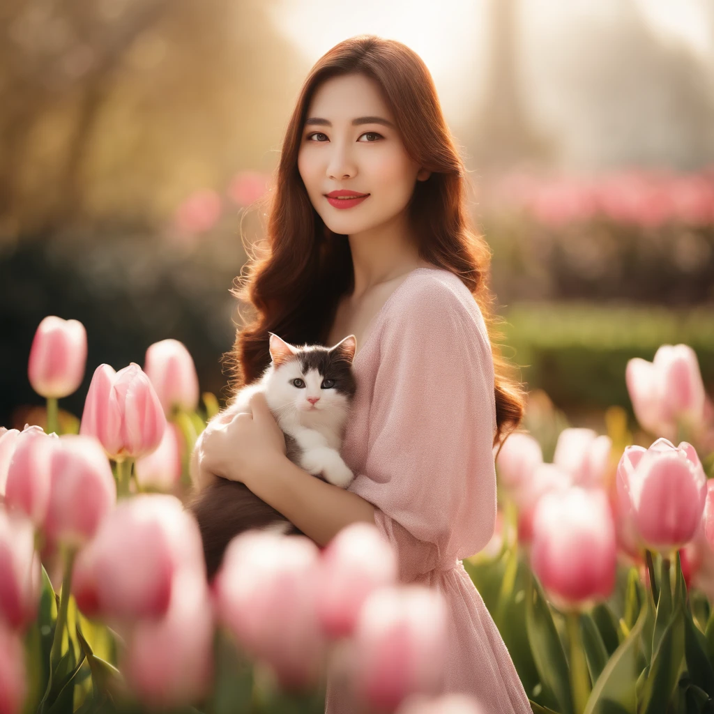 (Best Quality,hight resolution:1.2),(Realistic:1.37),Ultra-detailed,beautiful detailed eyes and face,Against the background of soft sunlight and tulips,Asian woman with long brown hair holding a kitten、Beautuful Women、,Soft and warm atmosphere,Detailed lips,Gentle smile,Soft Pink Dress
