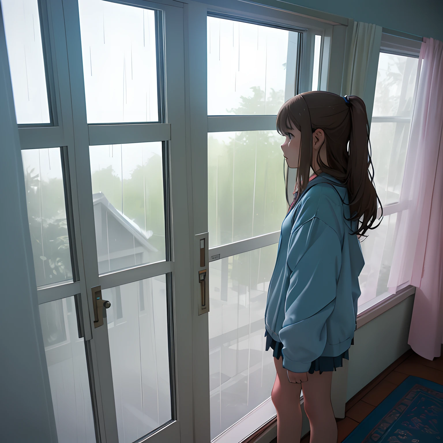 Teenage girl inside the house looking  outside the window while raining outside