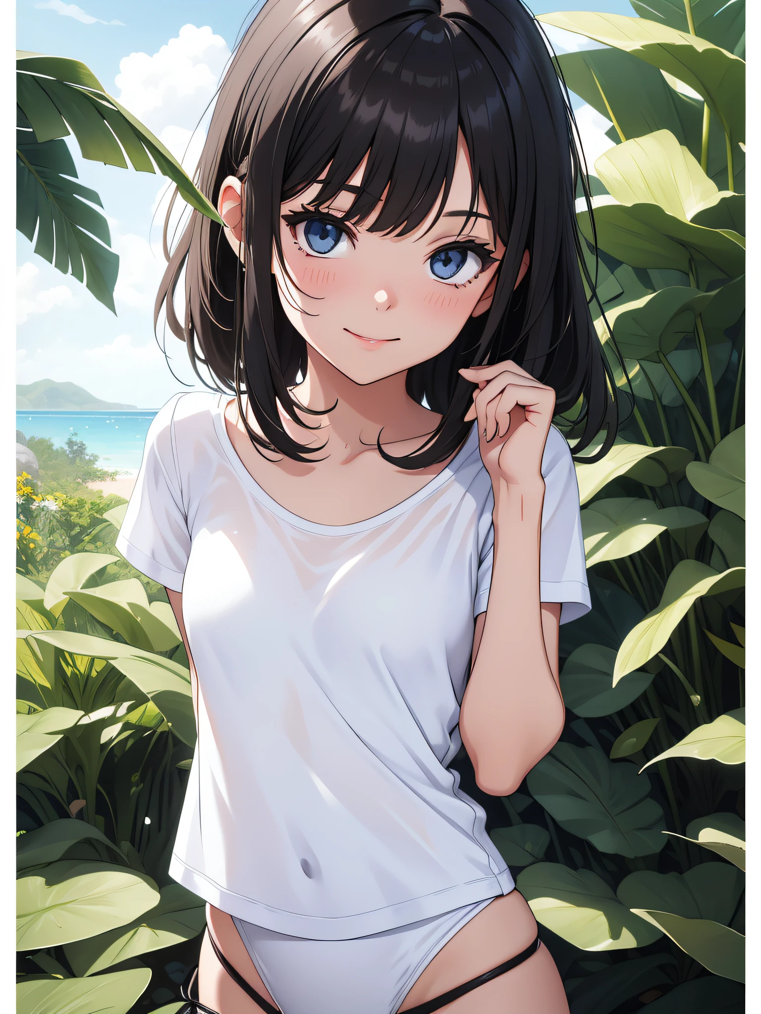 Official art、Top quality ultra-detailed CG art、White swimwear：１.２）、Black hair、lively girl、white t-shirts、Transcendent Cute、kirakira、ssmile、Hide and seek