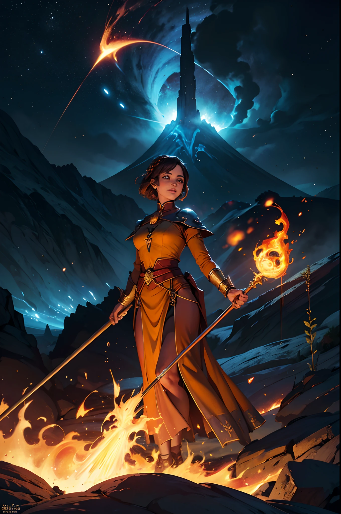 A beautiful demonic sorceress casting a fire spell,((Holding a long golden majic staff)), de corpo inteiro, various burning chains around her,(((Rosto perfeito detalhado))), sorriso leve, rosto bonito, corpo sedutor, corpo alto, corpo maduro, corpo inteiro, aura ardente BREAK, bolas de fogo, orange and yellow spark dazzling around, Little Blue Phoenix flying in the background, lava on the ground, magma, corpo sexy BREAK, detalhado, realista, 8k arte digital altamente detalhada, octane rendering, bioluminescente, BREAK 8K concept art resolution, Realismo, by Mappa Studios, obra-prima, melhor qualidade, Arte Oficial, illustration, Linha clara, (Fresco_Cor), perfect compositio, absurdos, fantasia, focado, rule of thirds,A beautiful demonic sorceress casting a fire spell,((Holding a long golden majic staff)), de corpo inteiro, various burning chains around her,(((Rosto perfeito detalhado))), sorriso leve, rosto bonito, corpo sedutor, corpo alto, corpo maduro, corpo inteiro, aura ardente BREAK, bolas de fogo, orange and yellow spark dazzling around, Little Blue Phoenix flying in the background, lava on the ground, magma, corpo sexy BREAK, detalhado, realista, 8k arte digital altamente detalhada, octane rendering, bioluminescente, BREAK 8K concept art resolution, Realismo, by Mappa Studios, obra-prima, melhor qualidade, Arte Oficial, illustration, Linha clara, (Fresco_Cor), perfect compositio, absurdos, fantasia, focado, rule of thirds,solo, 1girl, solo_focus, (((masterpiece))), ((best quality)), ((ultra-detailed)), high resolution, absurdres, highres, ultra-detailed 8k unity wallpaper, 
makop5d, niijimamakoto, smile, short hair, bangs, brown hair, red eyes, braid, crown braid