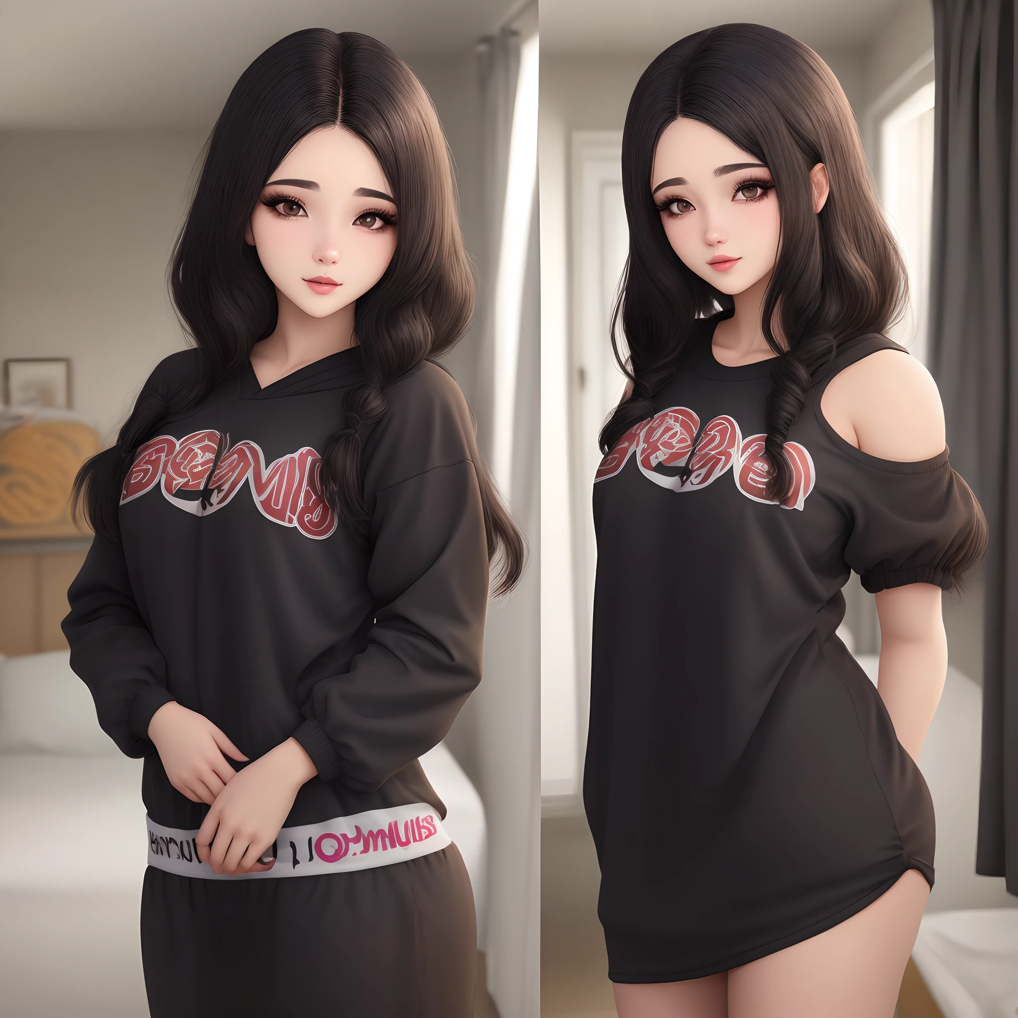 mulher jovem de 24 anos, cabelo preto e cacheados, cabelo grande e cacheado, parda, olhos amendoados escuros, rosto oval com bochechas, roupa preta, batom vermelho