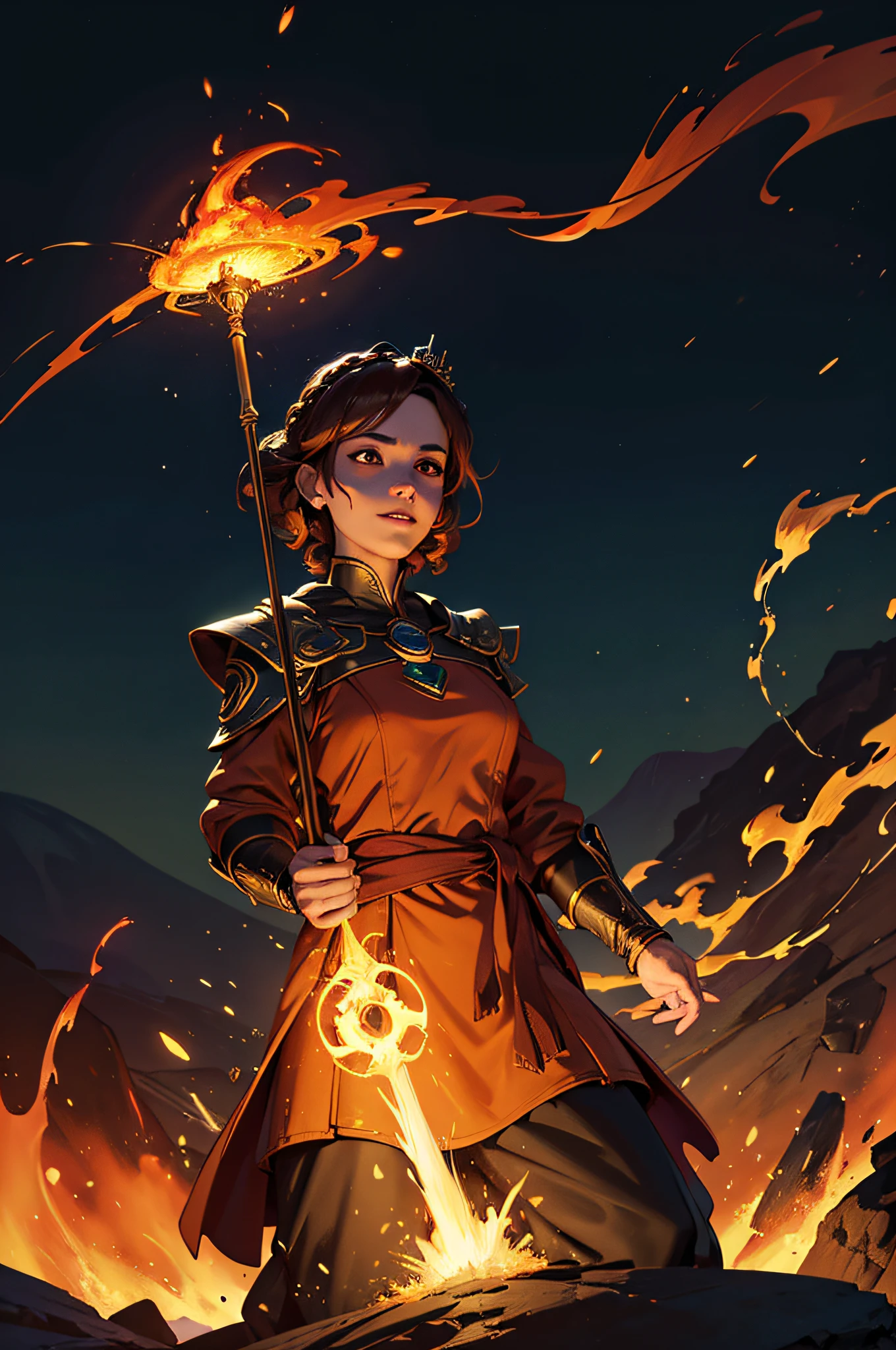 A beautiful demonic sorceress casting a fire spell,((Holding a long golden majic staff)), de corpo inteiro, various burning chains around her,(((Rosto perfeito detalhado))), sorriso leve, rosto bonito, corpo sedutor, corpo alto, corpo maduro, corpo inteiro, aura ardente BREAK, bolas de fogo, orange and yellow spark dazzling around, Little Blue Phoenix flying in the background, lava on the ground, magma, corpo sexy BREAK, detalhado, realista, 8k arte digital altamente detalhada, octane rendering, bioluminescente, BREAK 8K concept art resolution, Realismo, by Mappa Studios, obra-prima, melhor qualidade, Arte Oficial, illustration, Linha clara, (Fresco_Cor), perfect compositio, absurdos, fantasia, focado, rule of thirds,A beautiful demonic sorceress casting a fire spell,((Holding a long golden majic staff)), de corpo inteiro, various burning chains around her,(((Rosto perfeito detalhado))), sorriso leve, rosto bonito, corpo sedutor, corpo alto, corpo maduro, corpo inteiro, aura ardente BREAK, bolas de fogo, orange and yellow spark dazzling around, Little Blue Phoenix flying in the background, lava on the ground, magma, corpo sexy BREAK, detalhado, realista, 8k arte digital altamente detalhada, octane rendering, bioluminescente, BREAK 8K concept art resolution, Realismo, by Mappa Studios, obra-prima, melhor qualidade, Arte Oficial, illustration, Linha clara, (Fresco_Cor), perfect compositio, absurdos, fantasia, focado, rule of thirds,solo, 1girl, solo_focus, (((masterpiece))), ((best quality)), ((ultra-detailed)), high resolution, absurdres, highres, ultra-detailed 8k unity wallpaper, 
makop5d, niijimamakoto, smile, short hair, bangs, brown hair, red eyes, braid, crown braid