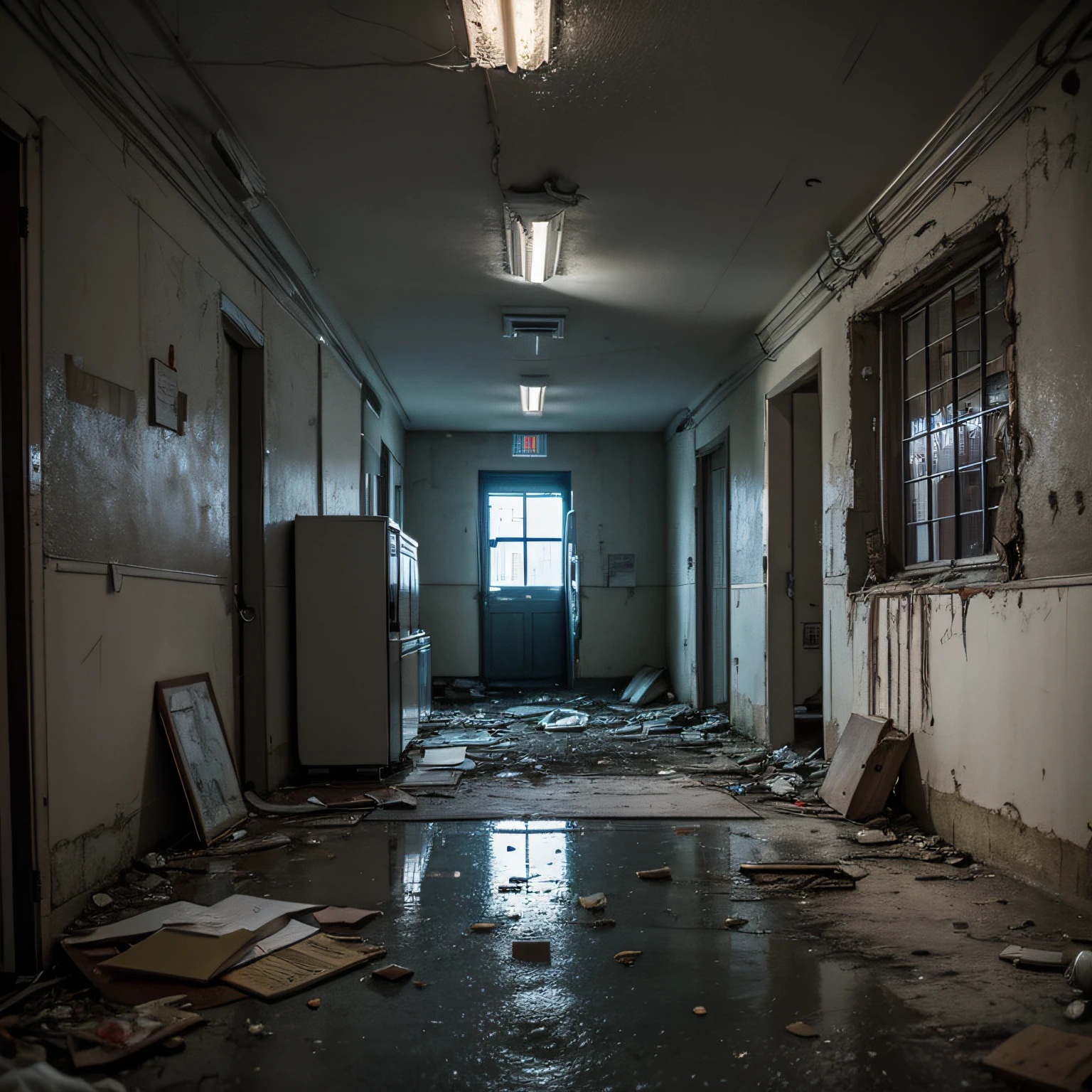 High Quality, Best Picture Quality, Best Quality, High Quality, 8K, 16K, 32K, (Inside an Abandoned Hospital), Night, Dimm, Fear, Doctor's Office, Medical Record, Formalin, Medical Equipment