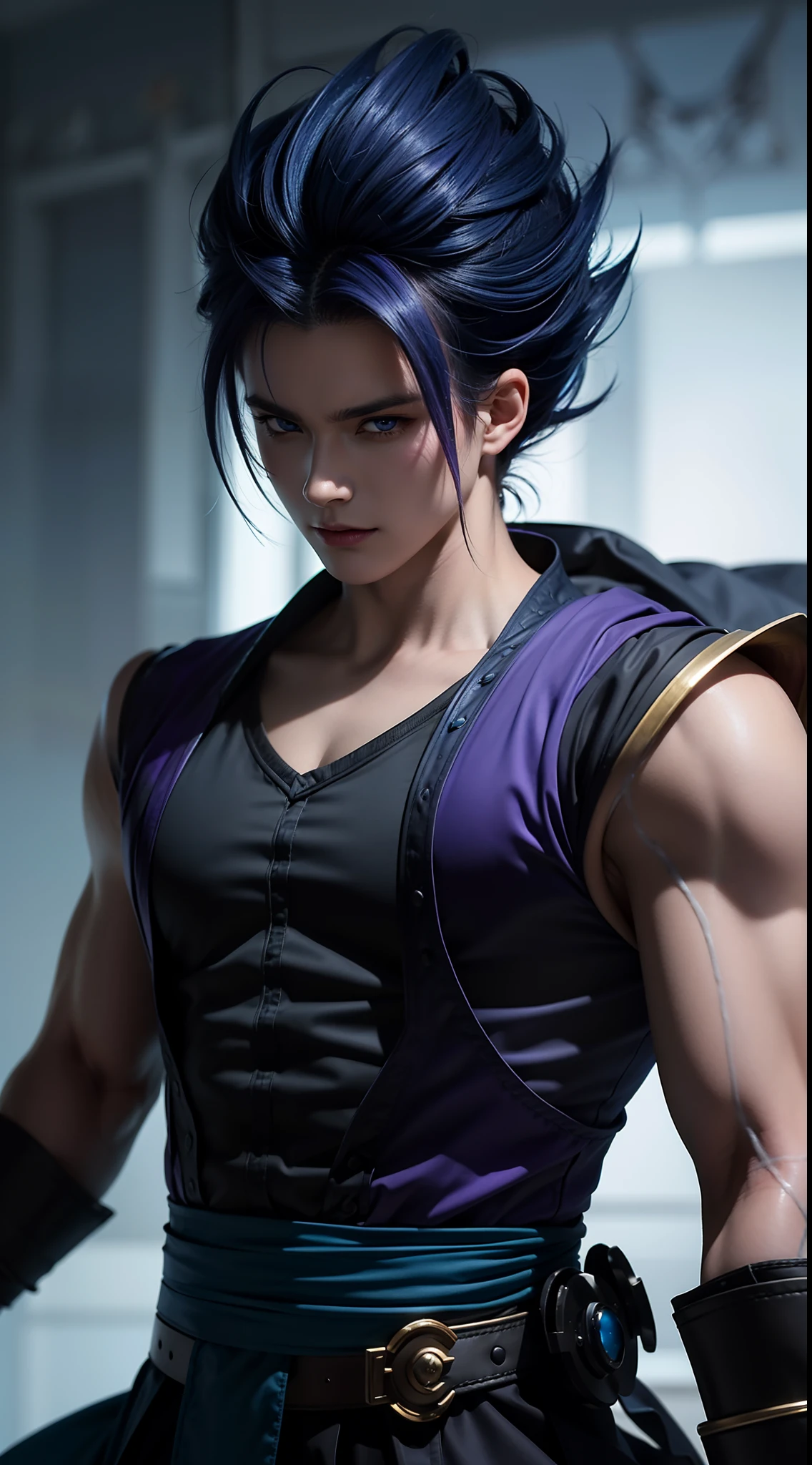 An 8k masterpiece, Highest resolution, All details, Meticulous details, Depth of field, bright colors, Nice layout: anime character Gohan impresses with his purple-blue hair and eyes that brightly illuminate every detail, standing on a dark and ominous background. This handsome demon slayer is the epitome of the bad guys in the fantasy art world.