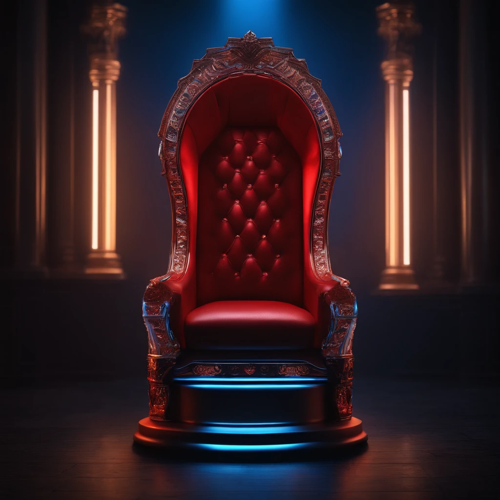 (best quality,4k,8k,highres,masterpiece:1.2),ultra-detailed,(realistic,photorealistic,photo-realistic:1.37),futuristic,red and blue glowing neon style throne,isolated from background,shiny metallic material,advanced technology,modern and sleek design,sharp edges and clean lines,comfortable and ergonomic shape,soft cushioning for comfort,elegant and luxurious appearance,dark and mysterious atmosphere,subtle reflections and glows on the surface,vivid colors,rich and vibrant shades of red and blue,contrasting lights and shadows,highly-detailed buttons and control panels,advanced holographic displays,illuminated symbols and patterns,sophisticated AI assistant integrated,hovering and floating above the ground,floating particles and light trails,subtle smoke and mist effects,column of light projecting from the throne,creating a dramatic and captivating scene